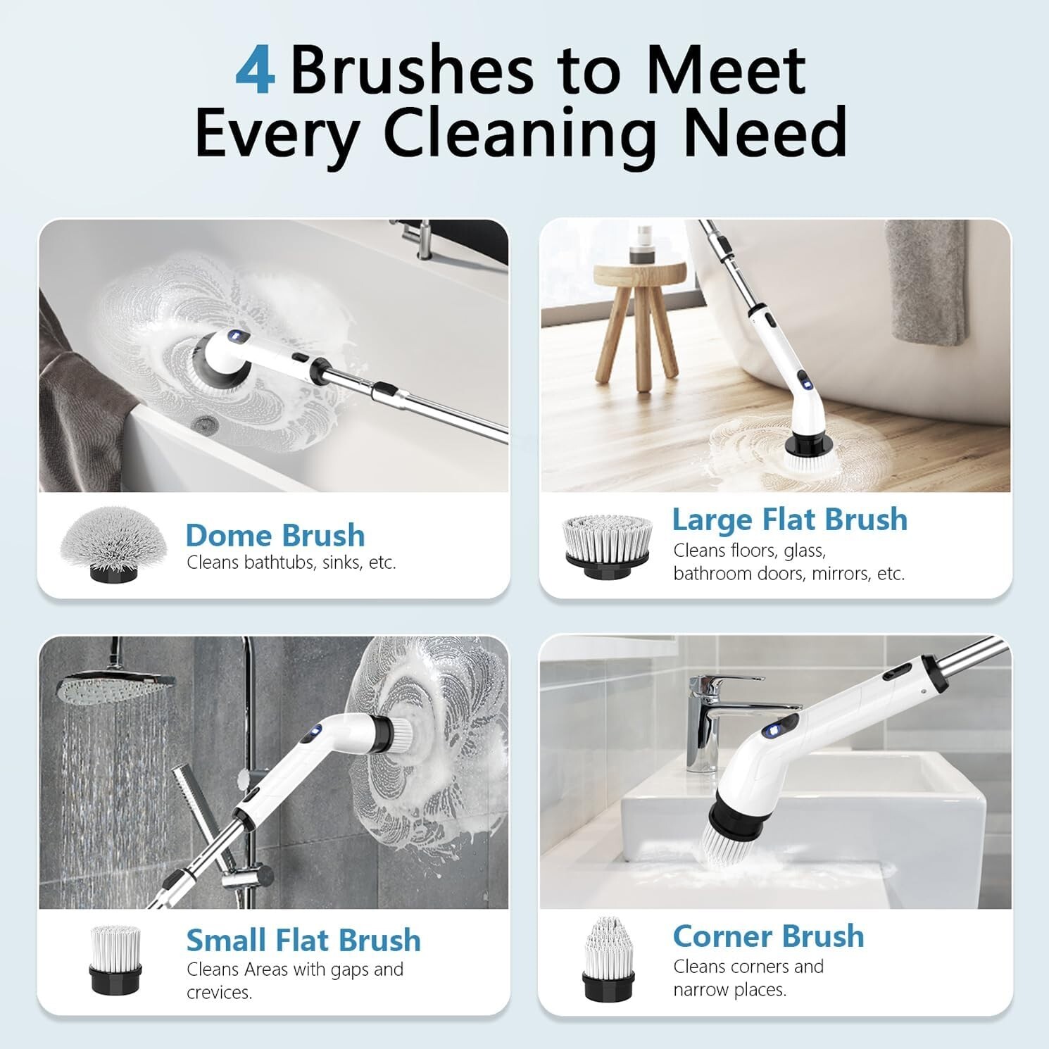 Multi-Surface Electric Scrubber Brush with LCD & 4 Brush Heads for Home Cleaning