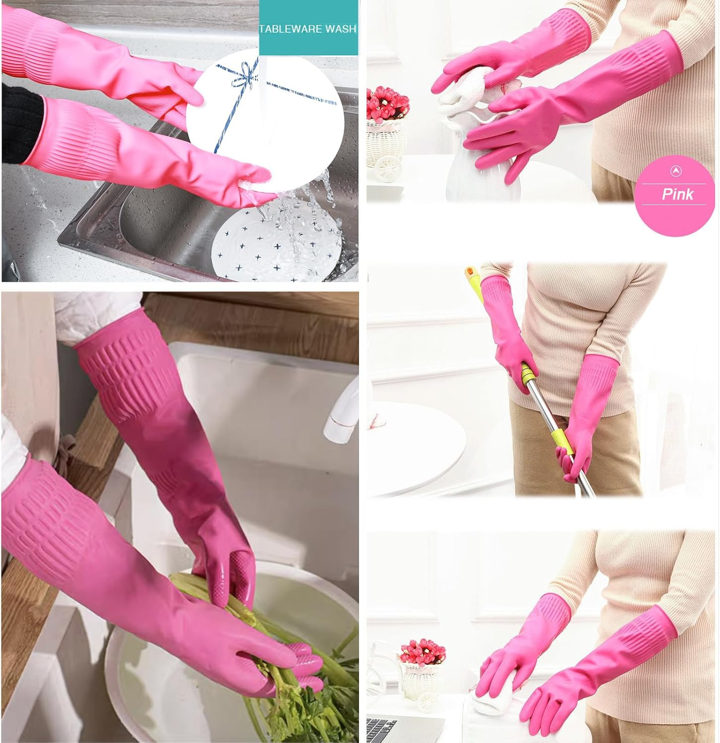 3 Pairs 15″ Long Rubber Cleaning Gloves Non Slip Waterproof Dishwashing