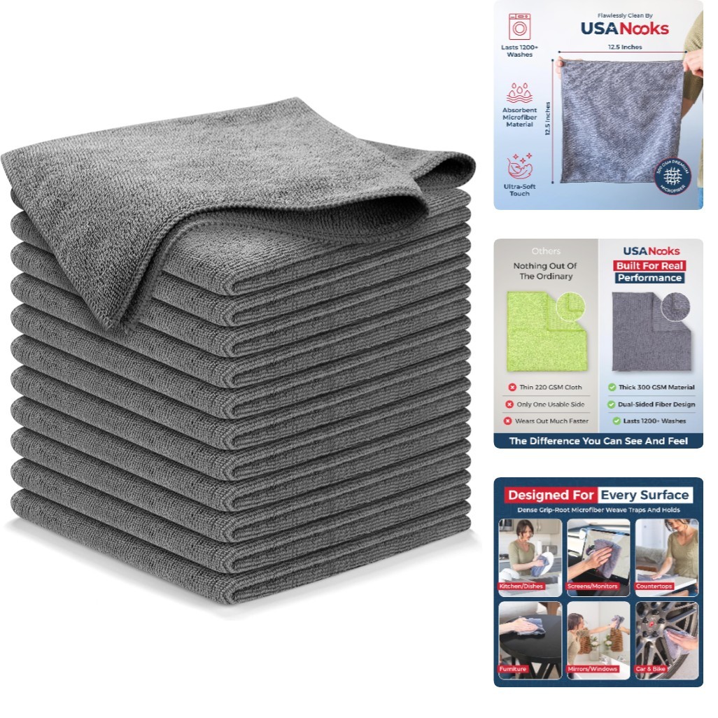 Ultra-Absorbent Grey Microfiber Towels – 12 Pcs, 1200 Washes for All Surfaces