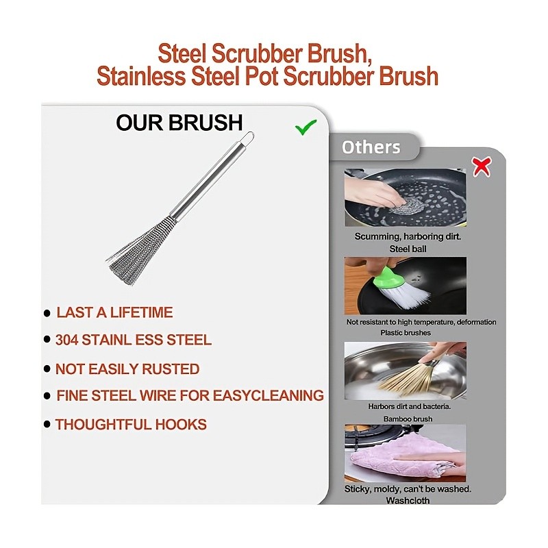 304 Stainless Steel Pot Brush Cleaning Brush Multi-functional Kitchen Wire Brush