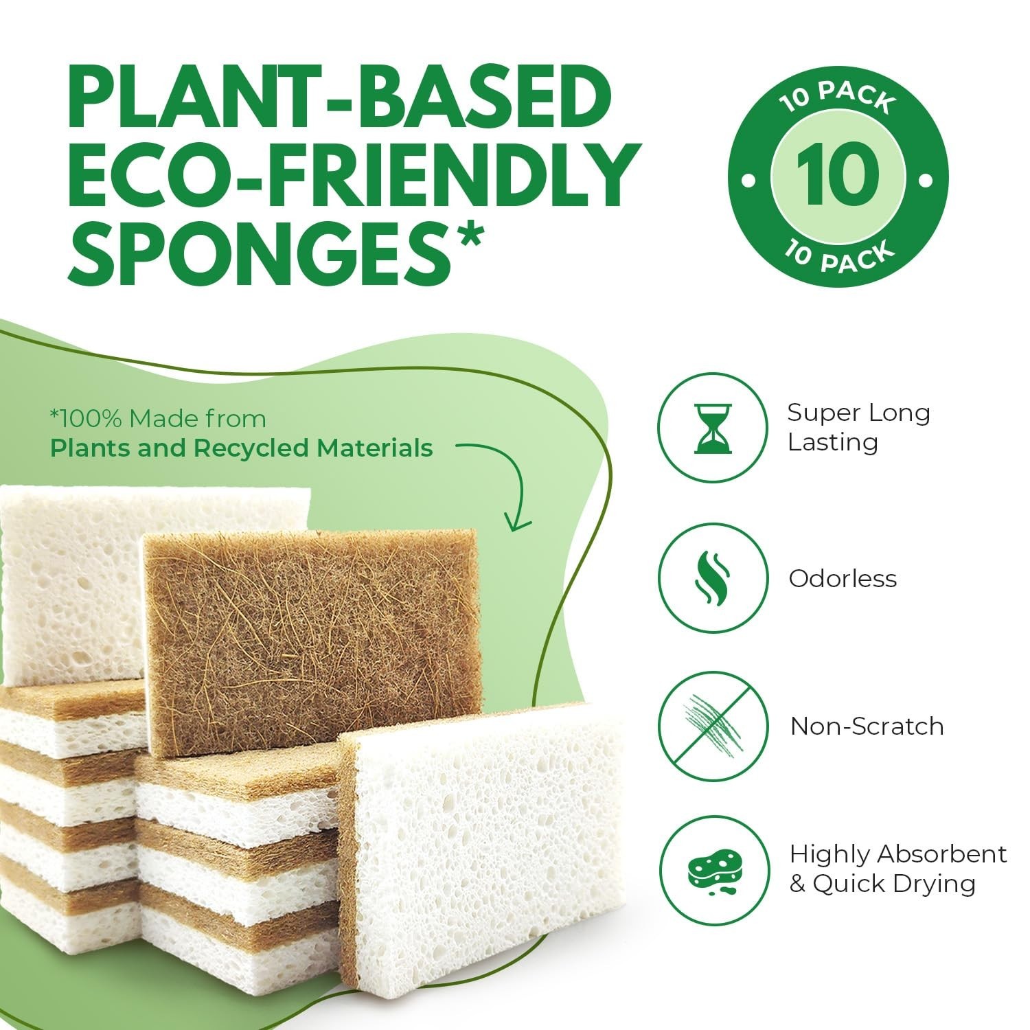 10 Pack Eco-Friendly Biodegradable Kitchen Sponges – Compostable Cellulose & Coc