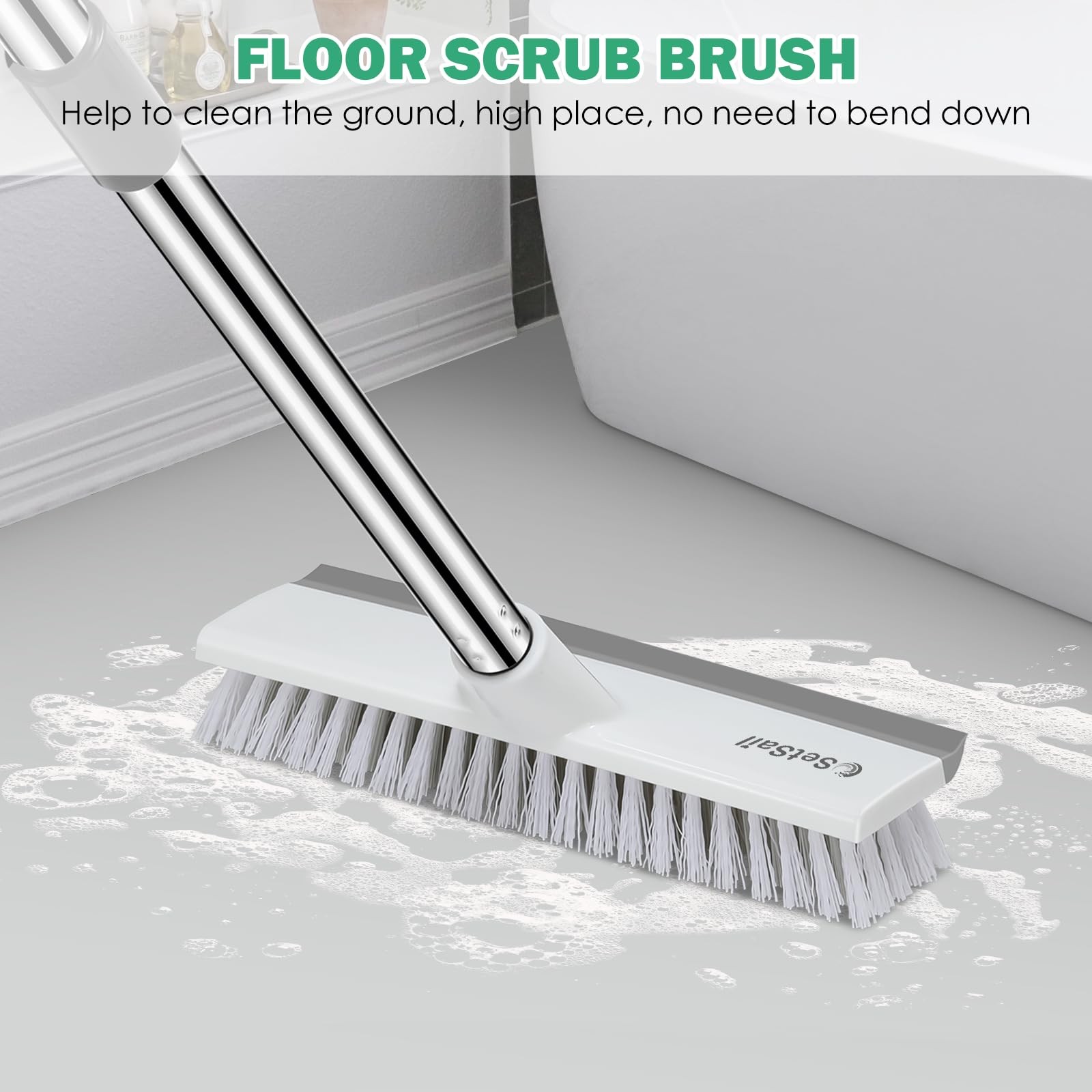 SetSail Floor Scrub Brush with 51-Inch Long Adjustable 10in, Grey White