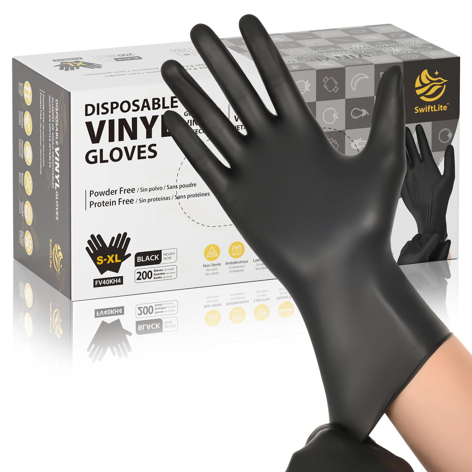 SWIFTLITE Black Vinyl Gloves, Food Grade Gloves Disposable Latex Small,