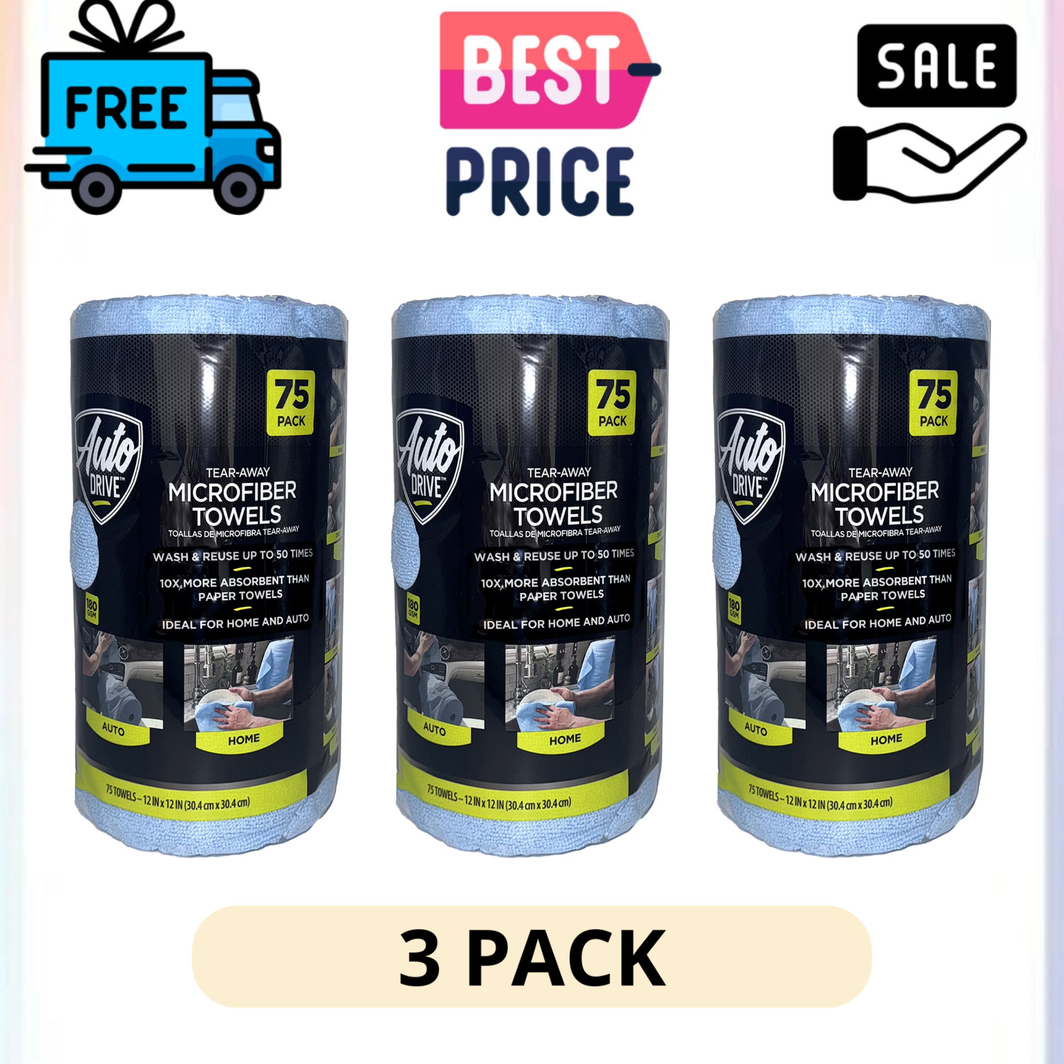 (3 Pack) Auto Drive Tear Away Microfiber Towels 75 Count Reusable Cleaning Roll