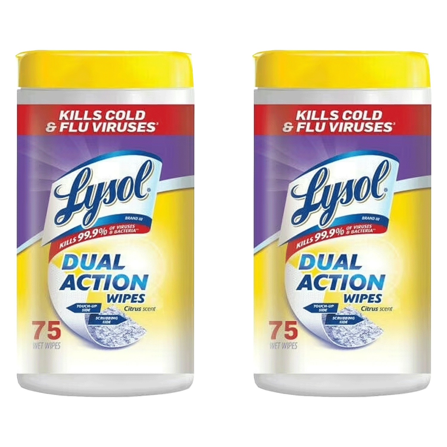 Lysol Dual Action Cleaning Wipes, Citrus Scent, Scrubbing & Soft, 75 Ct, 2 Pack