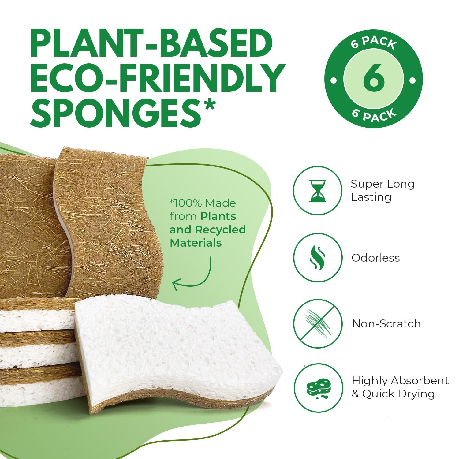 Natural Kitchen Sponges (6 Pack) – Biodegradable Cellulose & Coconut Scrubber…