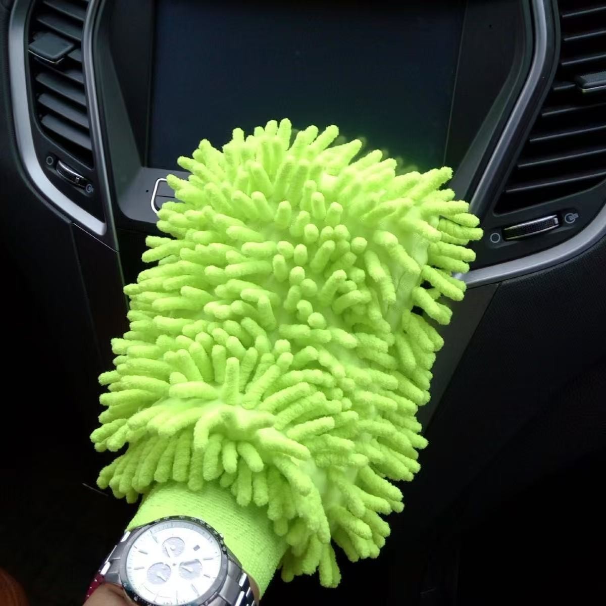 Green Car Washing Gloves Solid Color Microfiber Chenille Single Side Cleaning