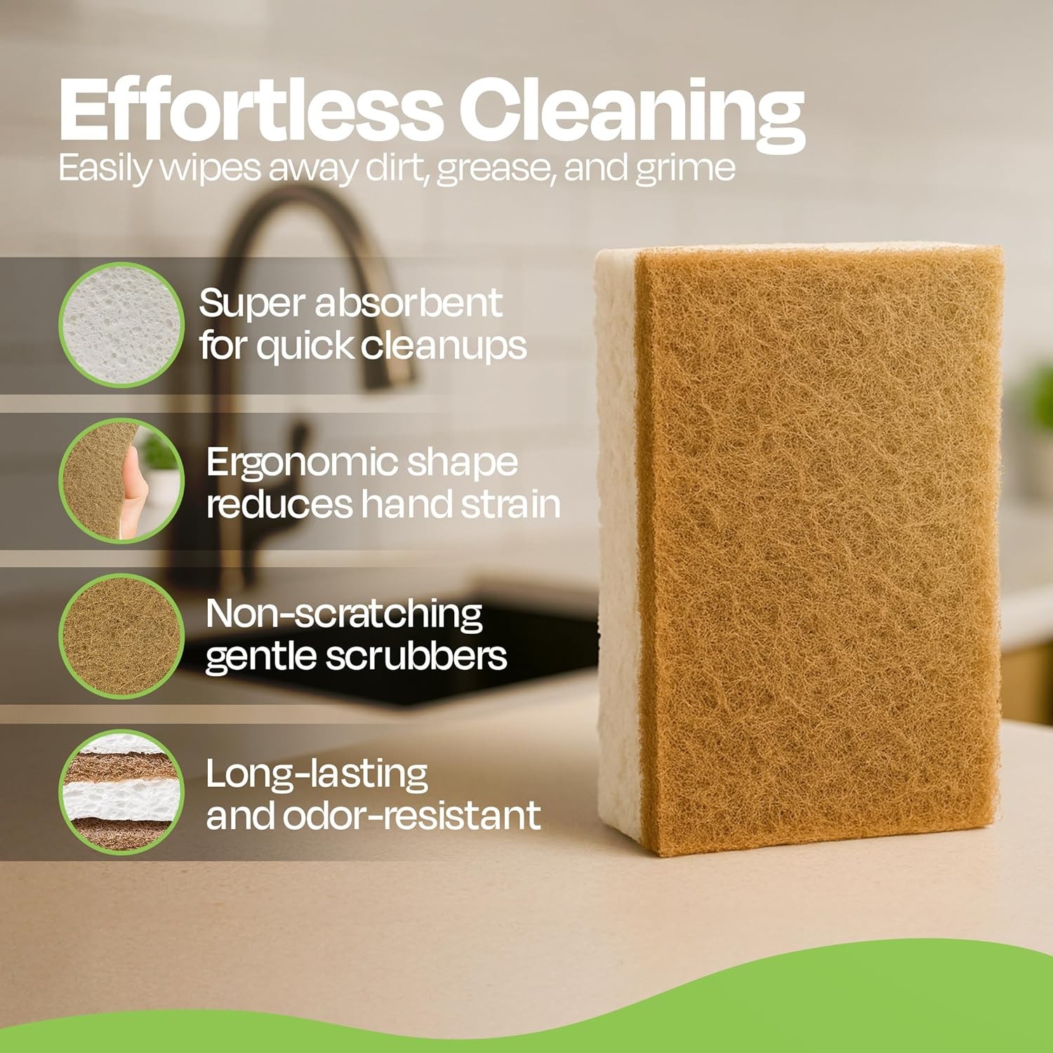 Super Eco Natural Kitchen Sponges Pack of 12, Long Lasting, Sponges for Dishes