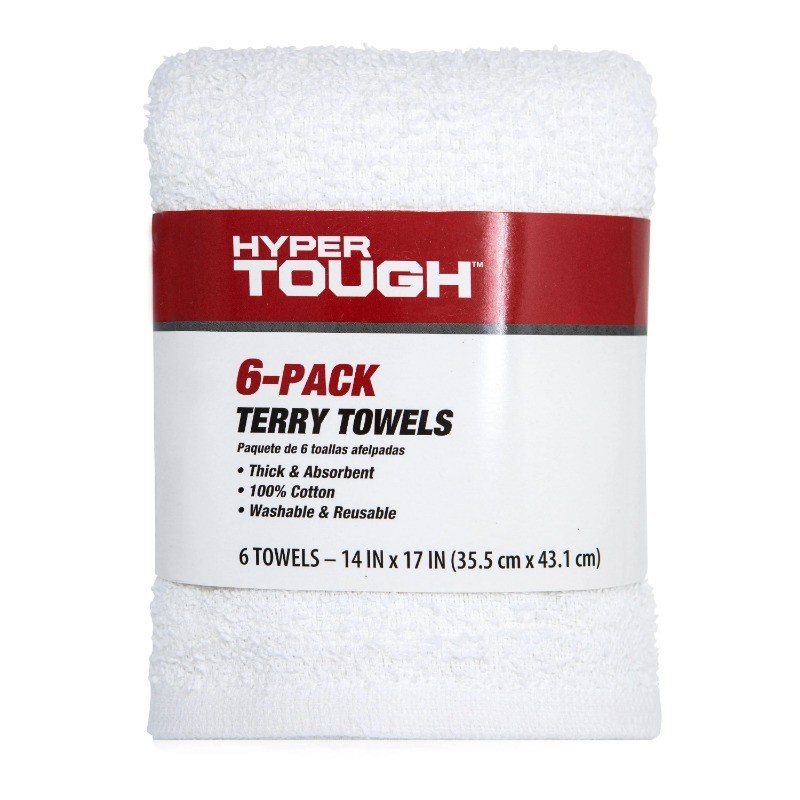 Hyper Tough 100% Cotton 14″ x 17″ All Purpose Terry Towels, 6 Pack