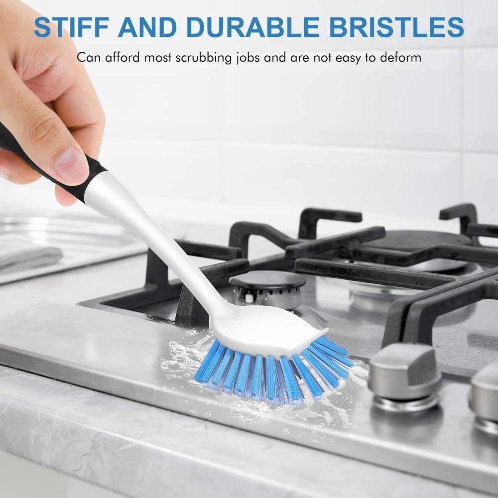 Dish Brush with Handle, 2 Pack Stiff Bristles Dish Scrubber with Built-in