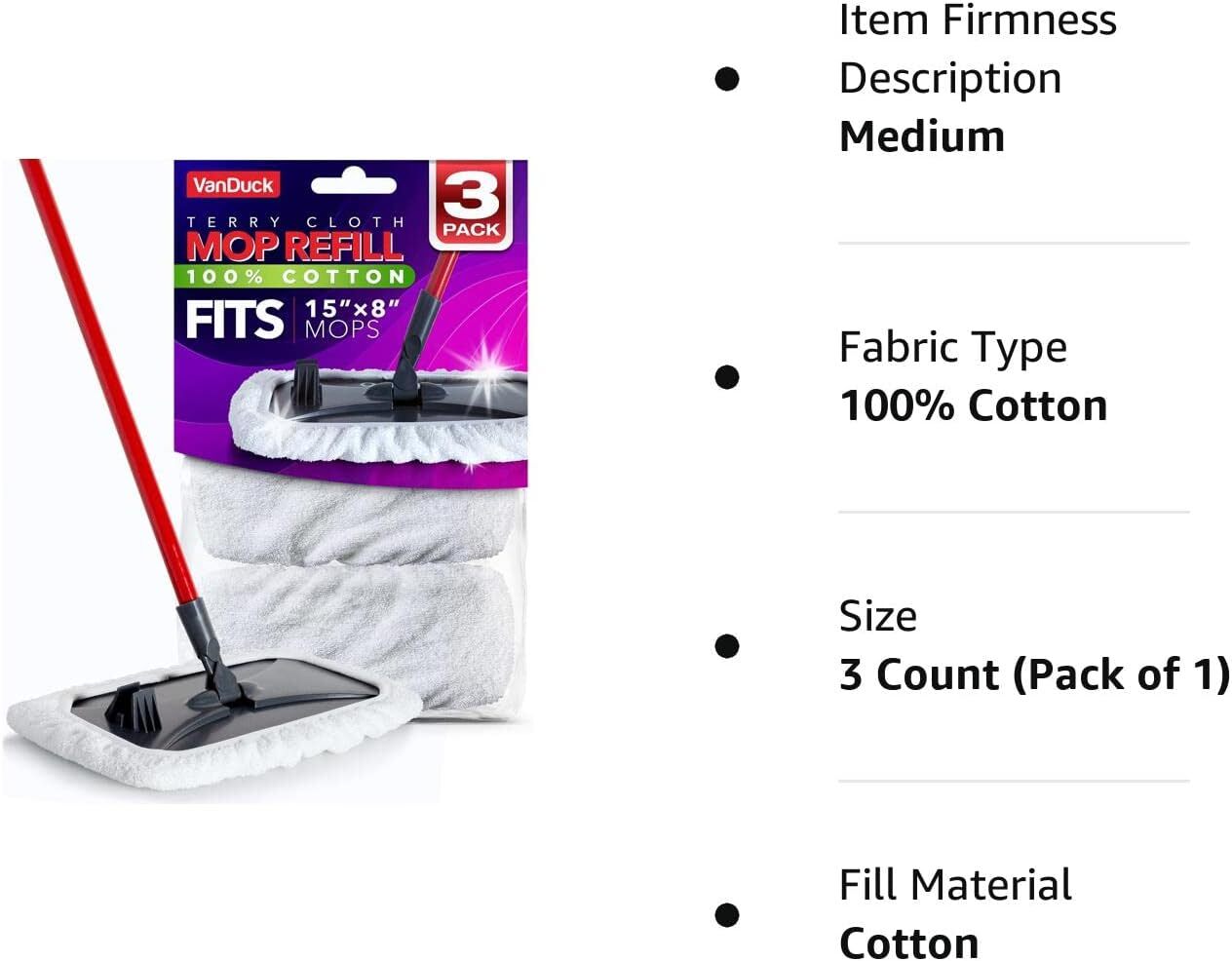 100% Cotton Terry Mop Pads 15X8 Inches 3-Pack, Terry Cloth Mop Covers (M