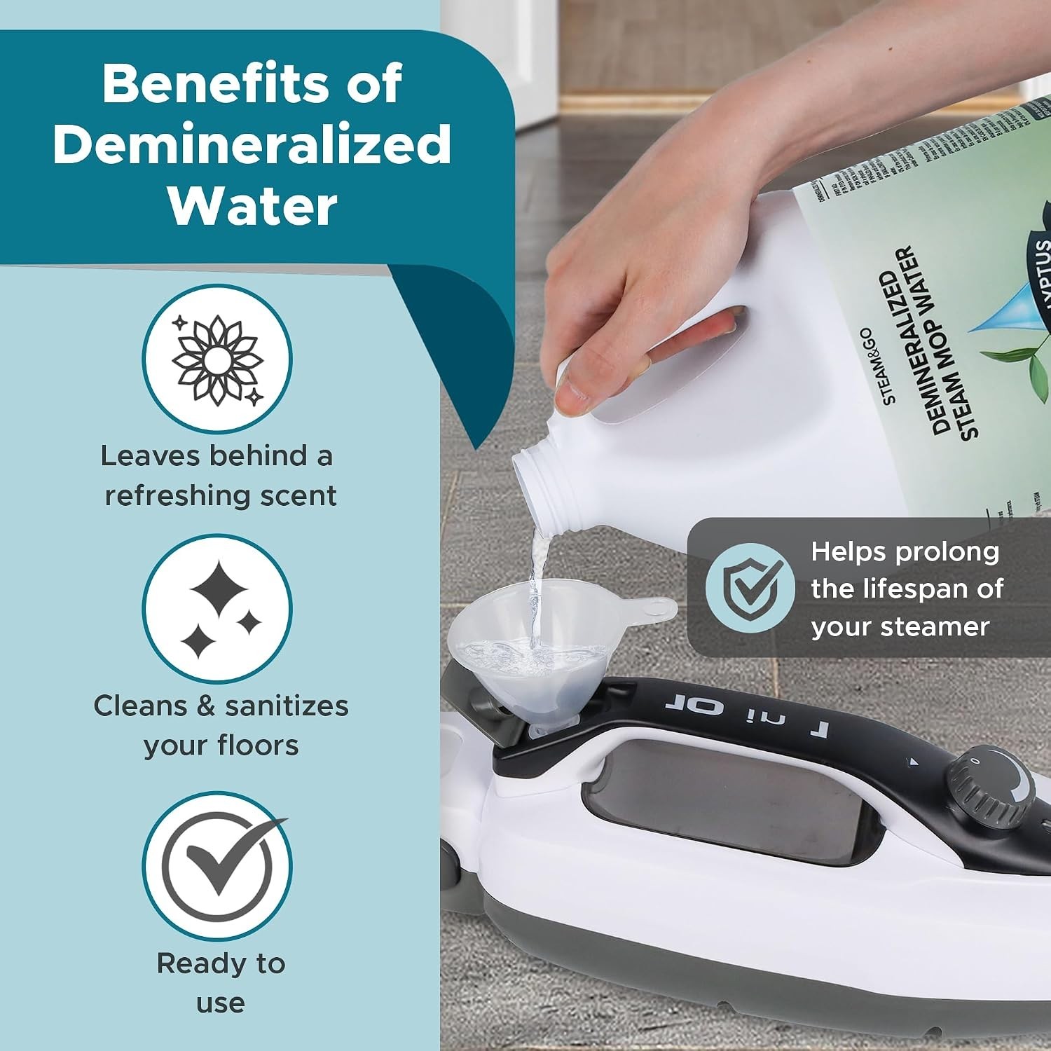 Eco-Friendly 128 oz Steam Mop Water – Eucalyptus Mint Scent, No Harsh Chemicals