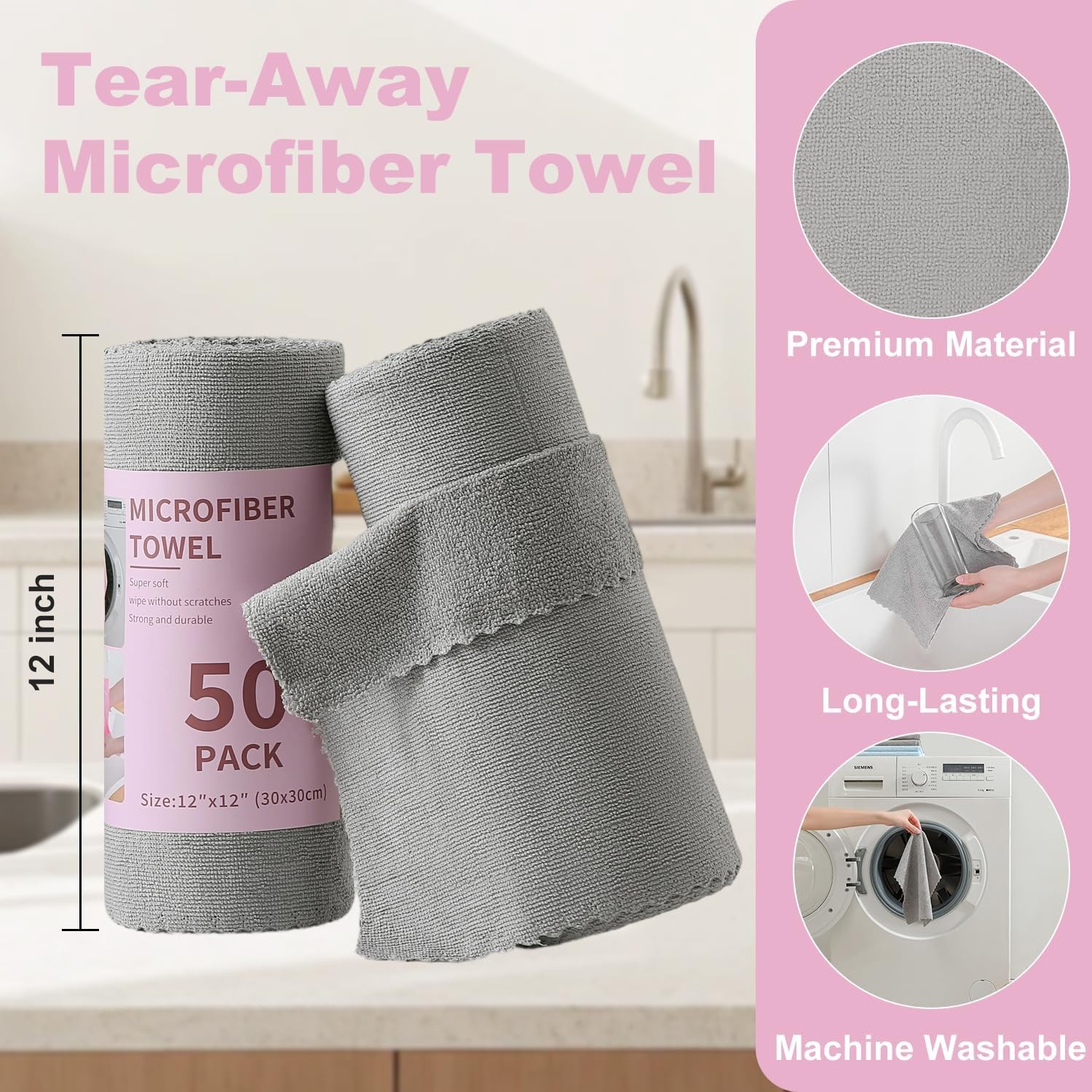 2 Roll Reusable Paper Towels,100 Sheets Tear Away Microfiber Cleaning Cloth,