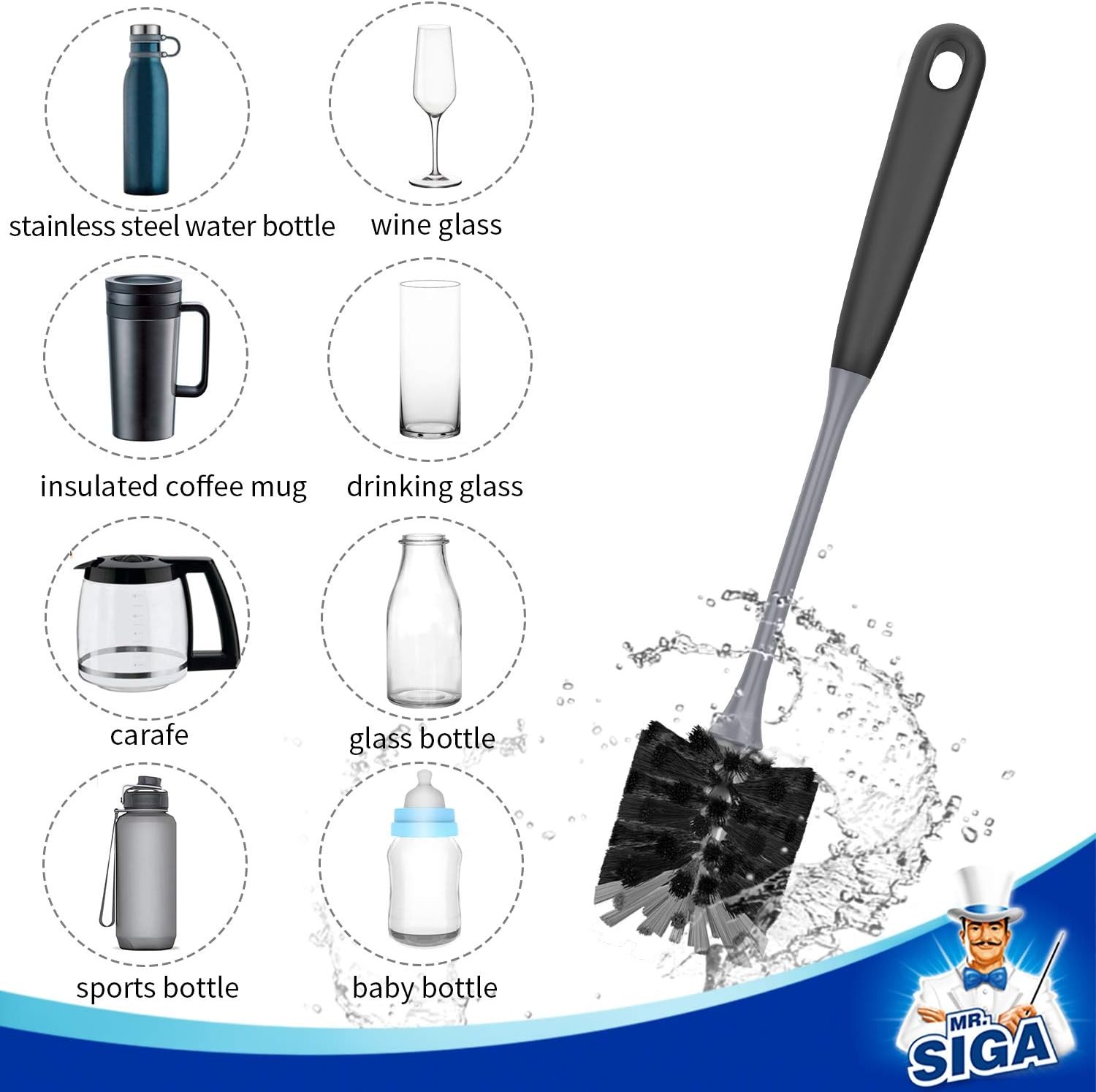 MR.SIGA Bottle Brush, 2-Pack, Long Handle, Non-Scratch Cleaner