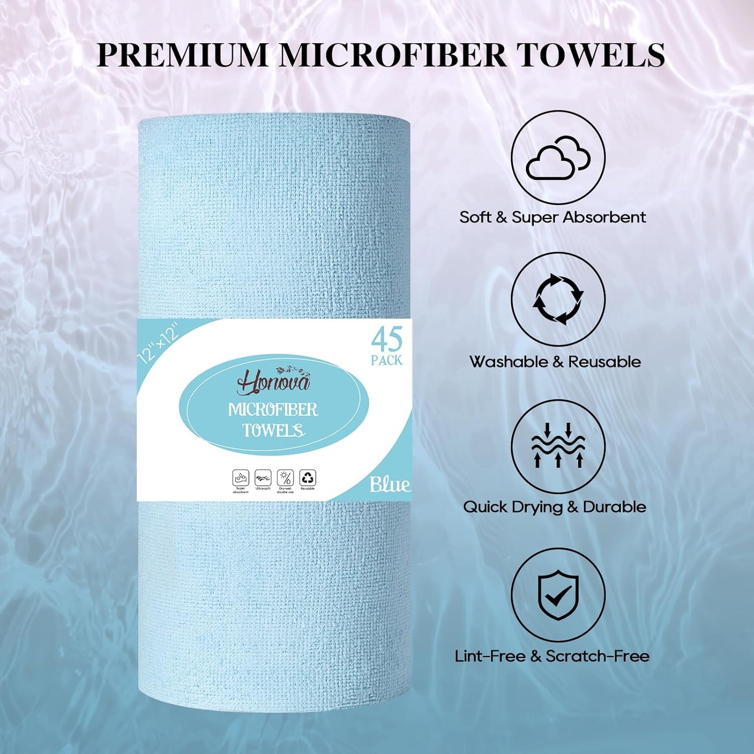HONOVA Microfiber Cleaning Cloth Roll 45 Pack, 12″ x 12″ Washable Paper Towels,