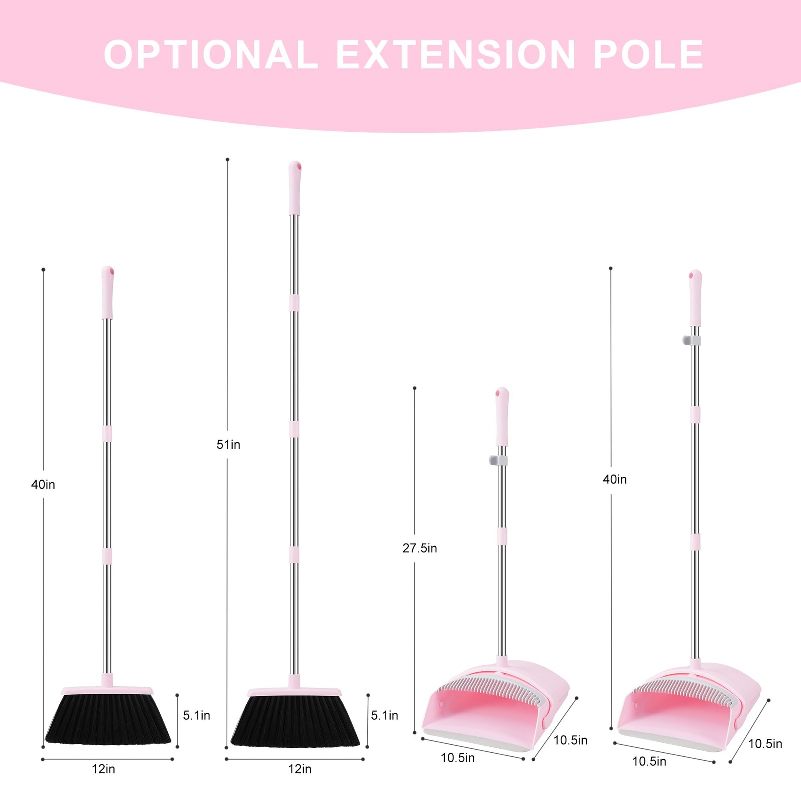 Pink Broom and Dustpan Set 52 Inch Handle Household Combo Teeth Kitchen