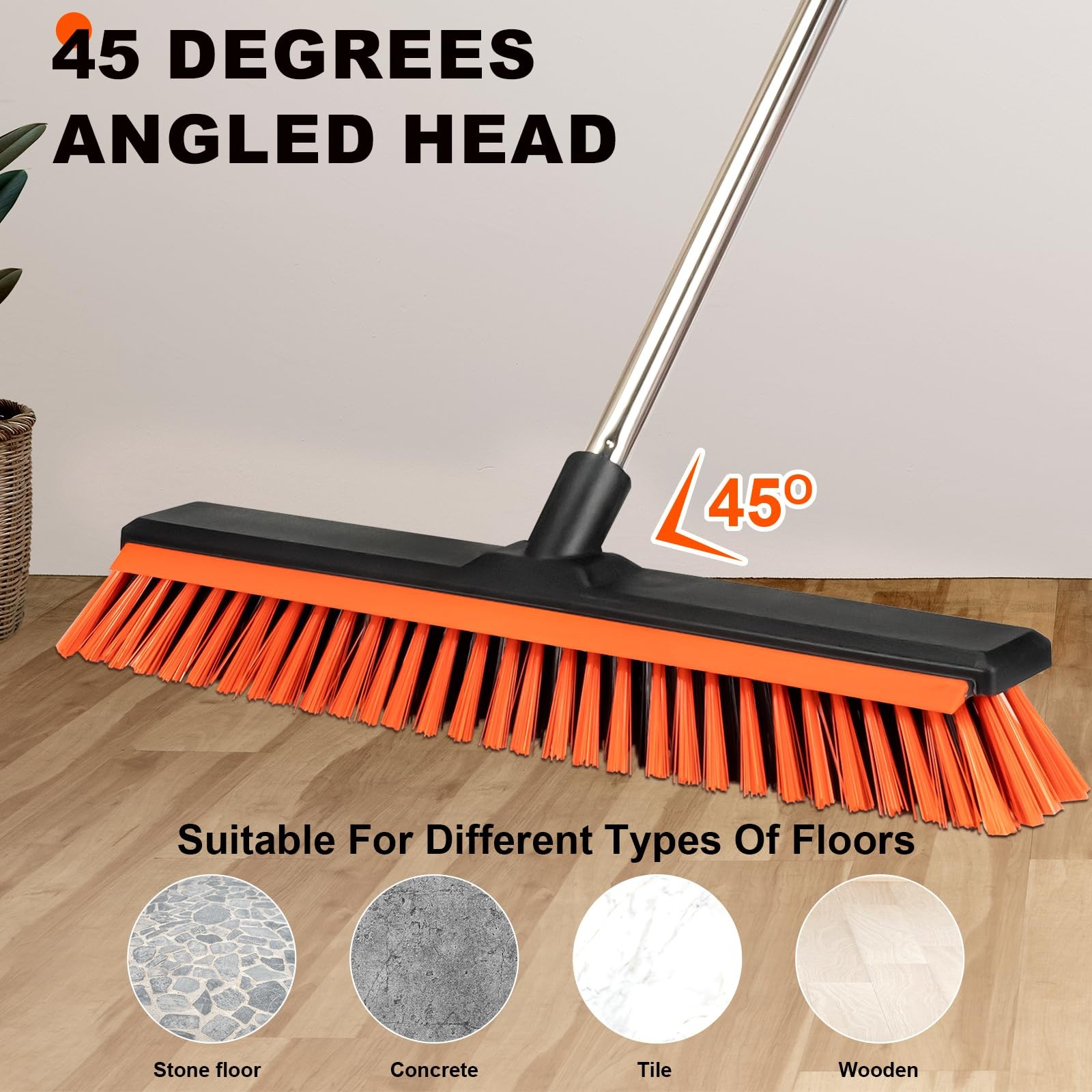 18″ Push Broom Outdoor with Squeegee,Heavy Duty Broom Brush with Handle,Stiff