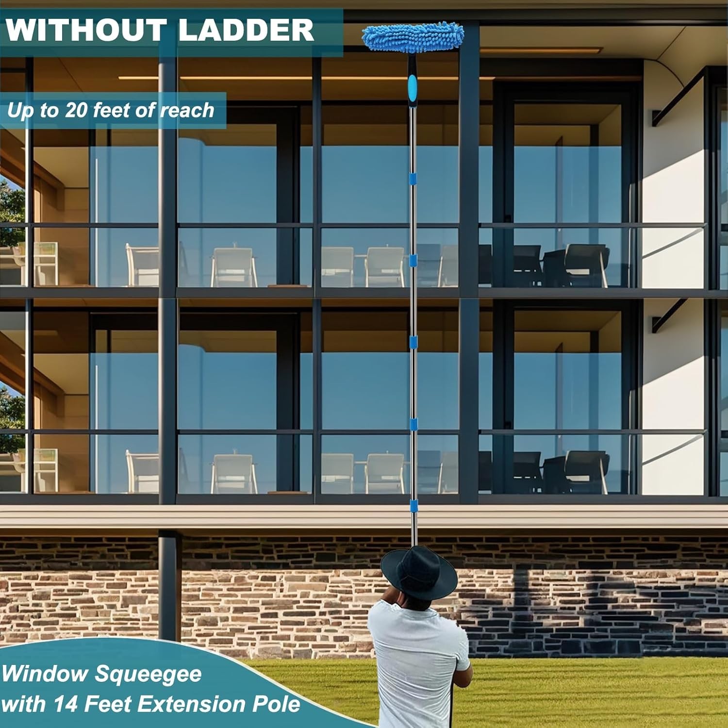2-in-1 Window Cleaner Kit with 3-14 Ft Extension Pole for Indoor/Outdoor Use