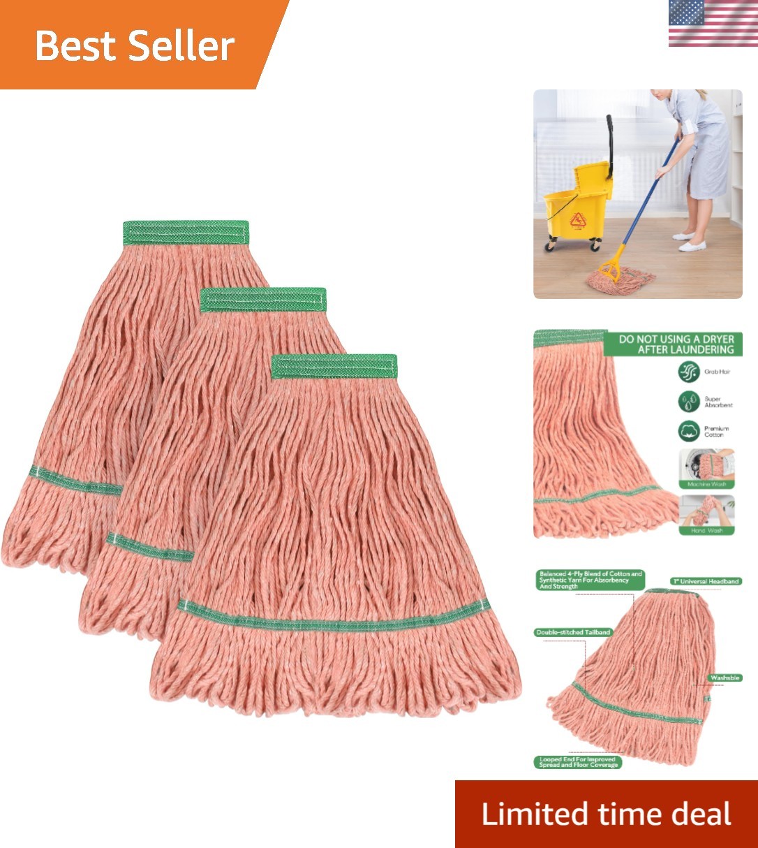 Matthew Loop-End Cotton Mop Head, Heavy-Duty 3 Count – Safe for All Hard Floors