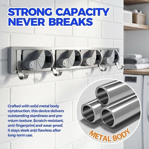 Holikme Mop Broom Holder Wall Mount 4 Hooks Metal Tool Organizer Garage Kitchen