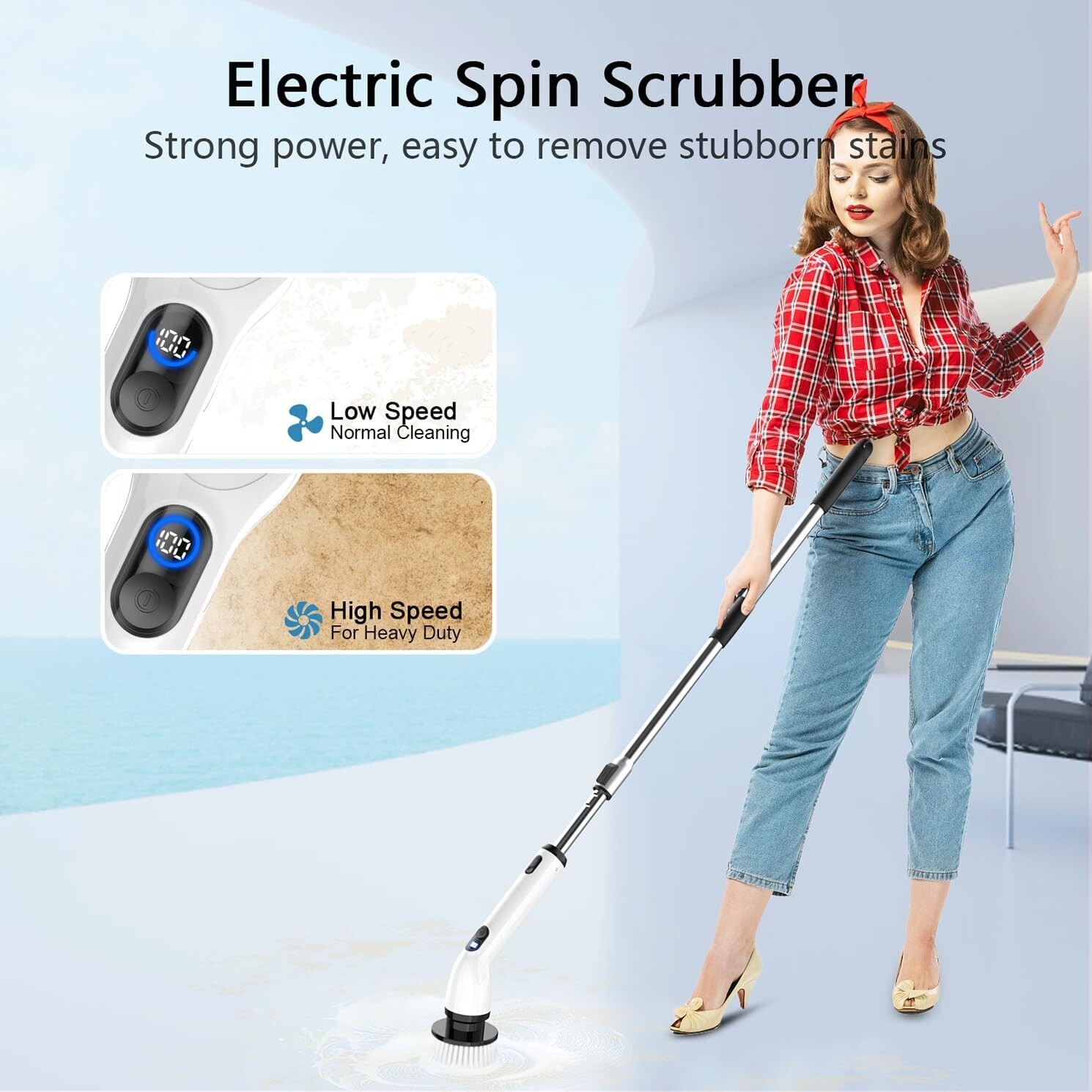 Multi-Surface Electric Scrubber Brush with LCD & 4 Brush Heads for Home Cleaning