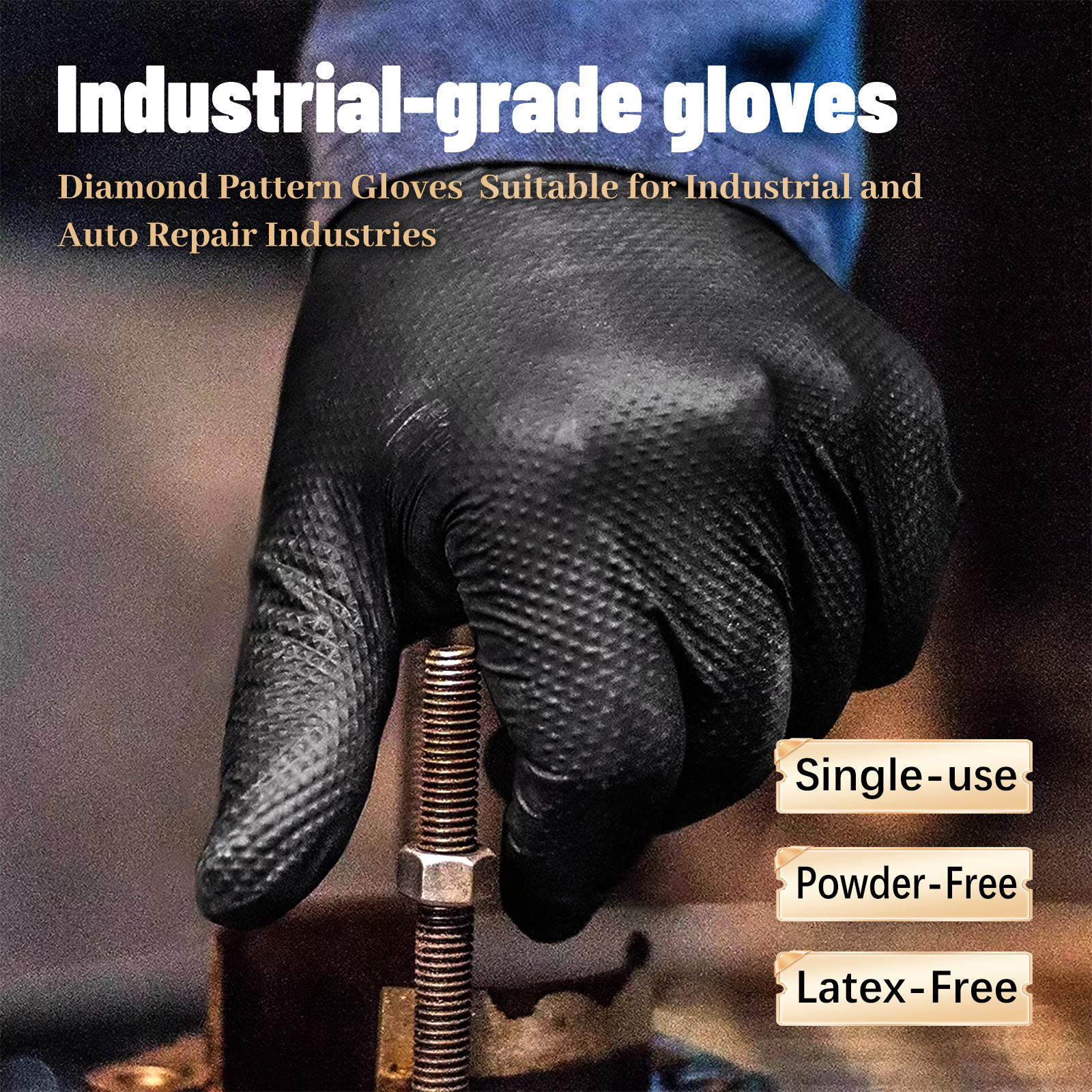 Heavy Duty 8 Mil Black Nitrile Disposable Gloves Raised Diamond Texture