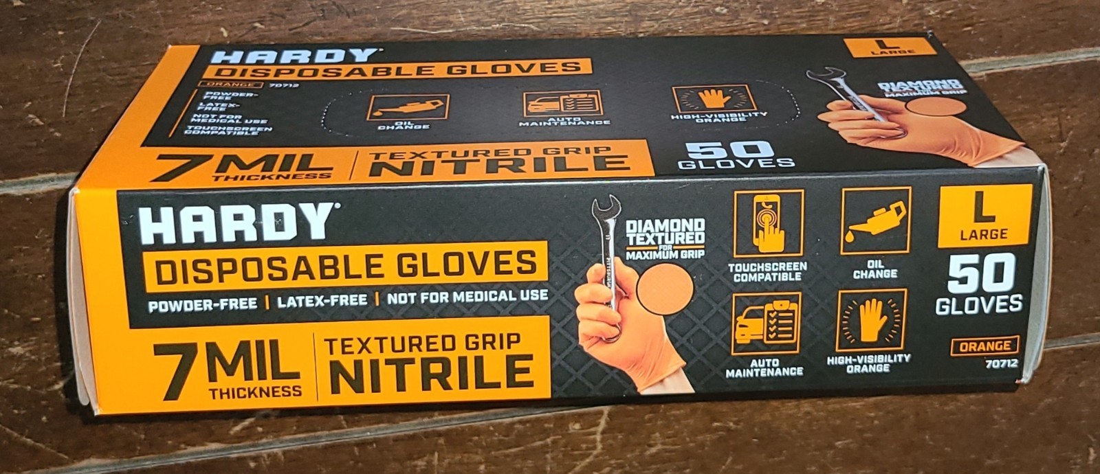 Hardy 50 Piece ORANGE Textured Grip Nitrile LARGE Disposable Gloves #70712