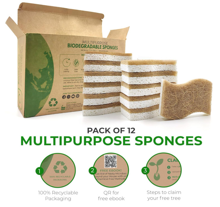 Natural Kitchen Sponge, Biodegradable Compostable Coconut Scrubber, 12 Pack