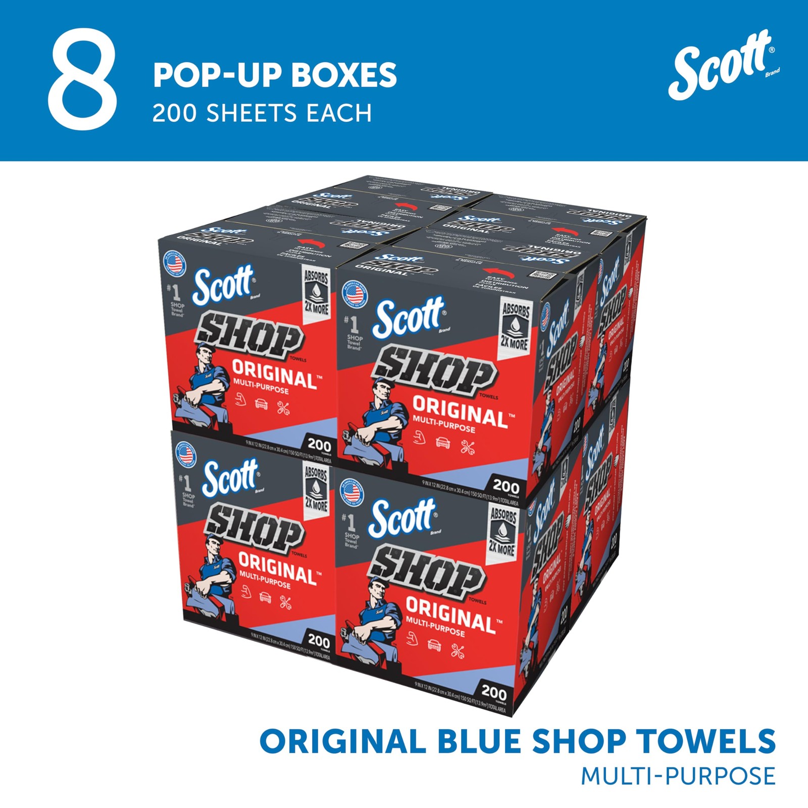 Scott Shop Original Blue Towels (75190), 9″x12″ 200 Count (Pack of 8),