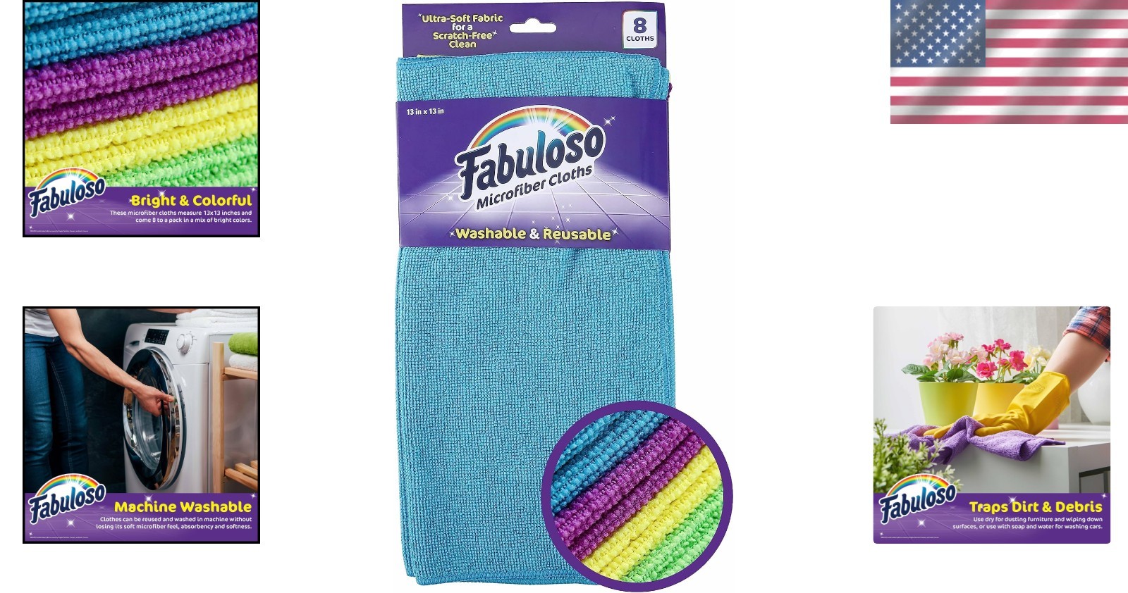 Rainbow Microfiber Cleaning Cloths – 13×13 in, Scratch-Free & Absorbent, 8 Count