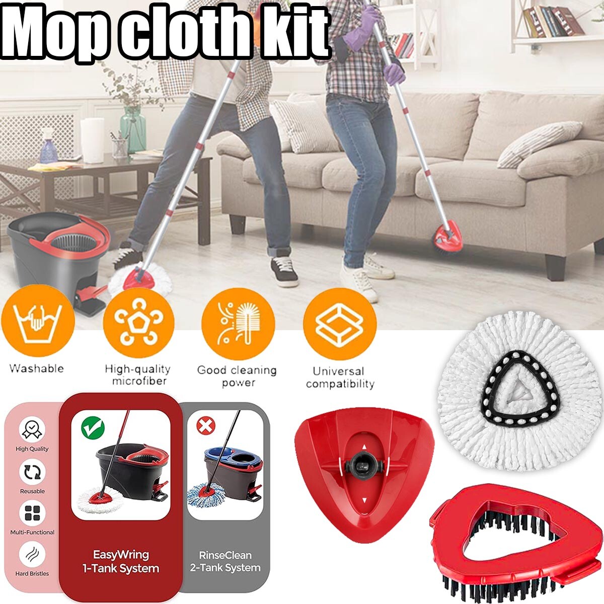 Replacement Mop HEAD For O-Cedar Spin Mop Easy Clean Wring+Brush+mop base