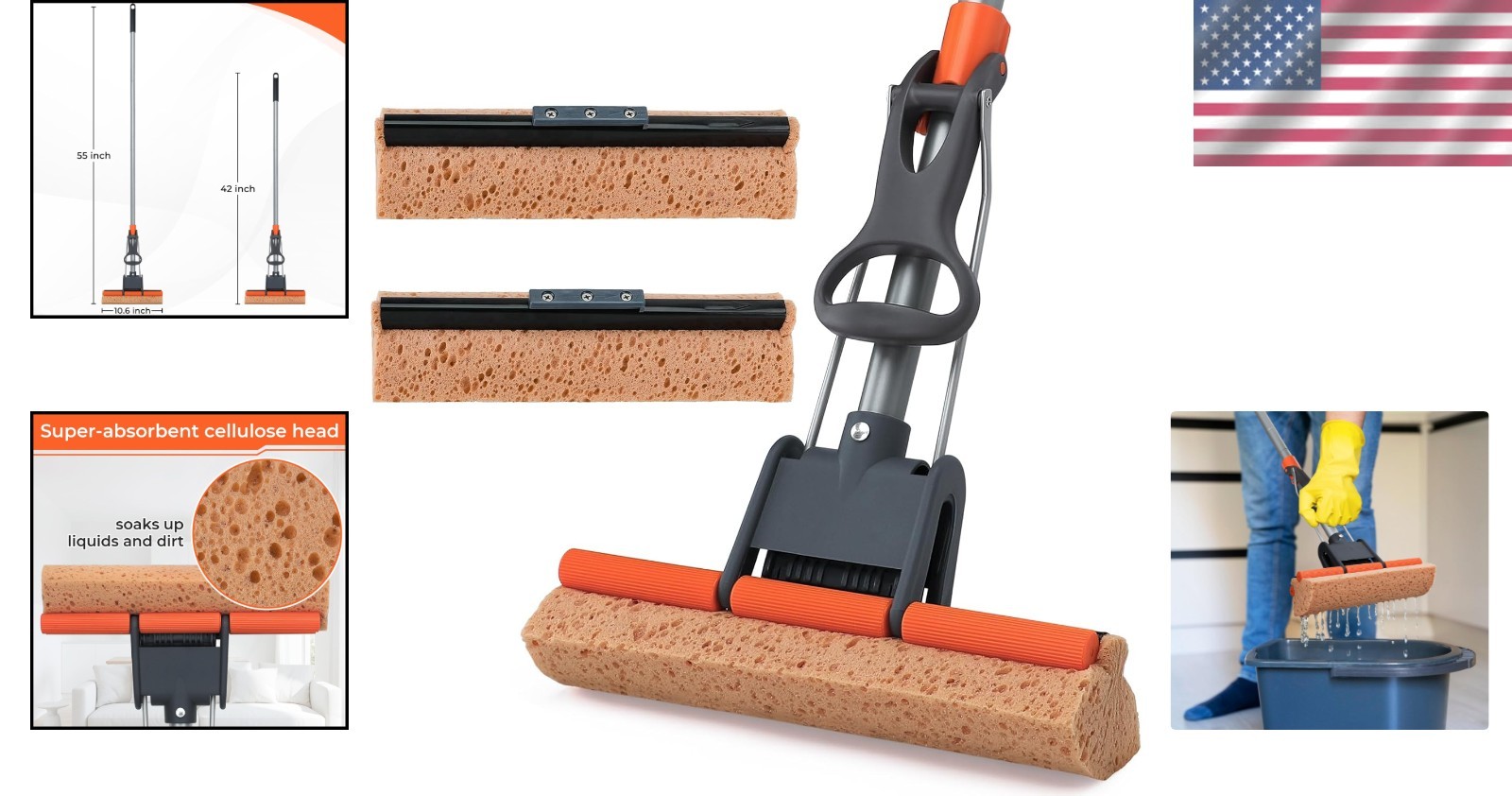 Sponge Mop Floor Cleaner with 2 Refill Heads Long Handle For Hardwood Tile