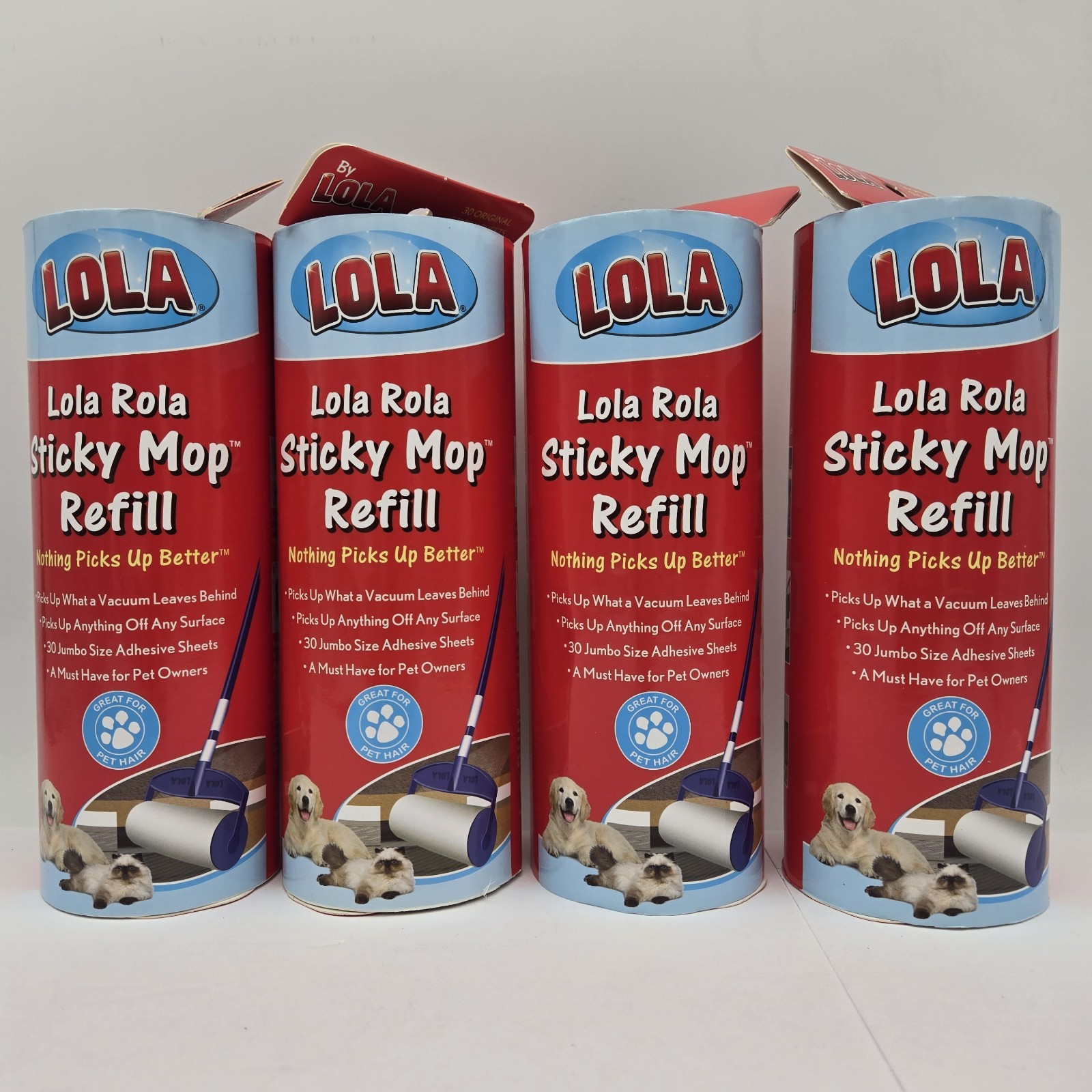 4 Lola Rola Sticky Mop Refills Pet Hair Roller 30 Sheets Each Roll
