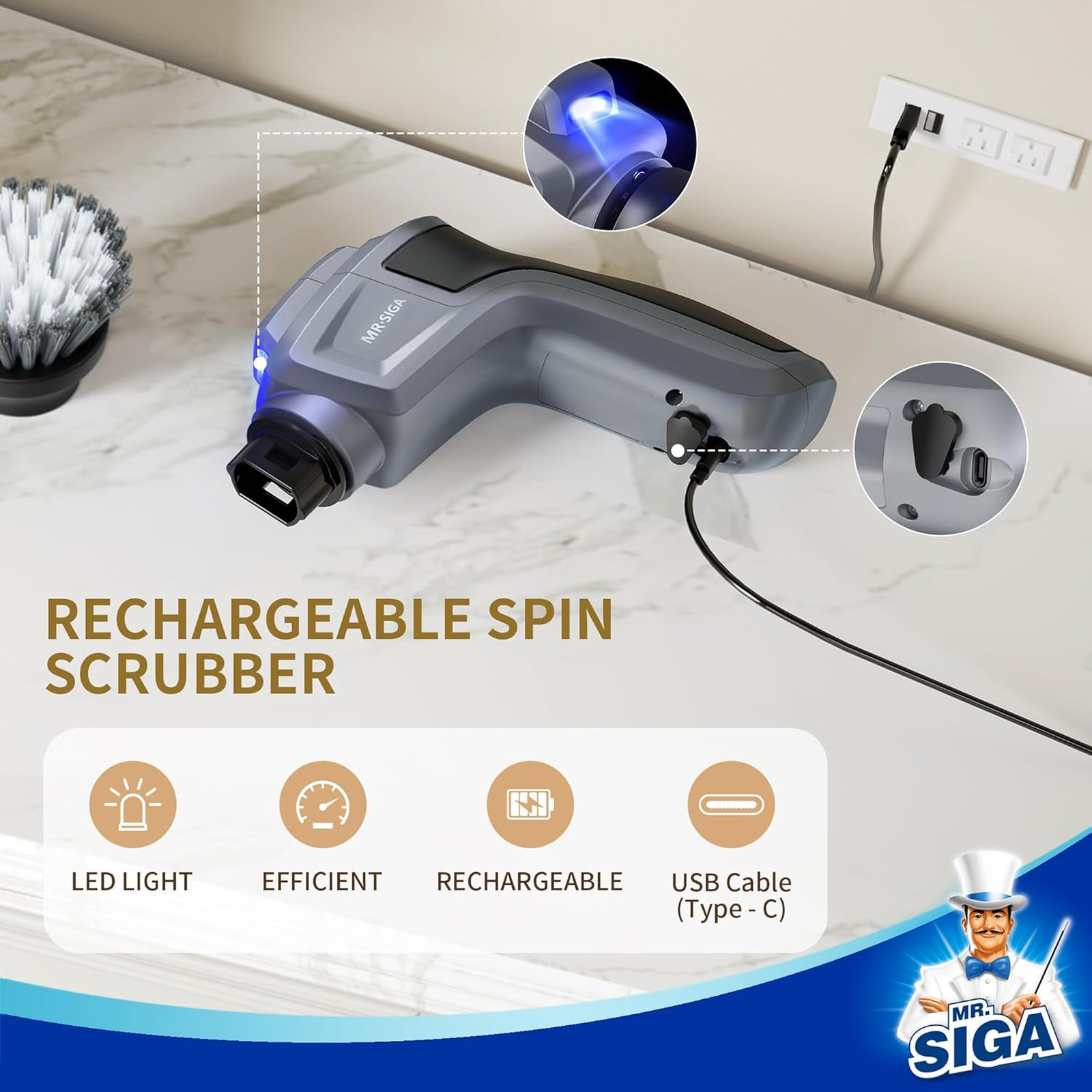 Electric Spin Scrubber Waterproof Cordless Cleaning Brush with 5 Replaceable