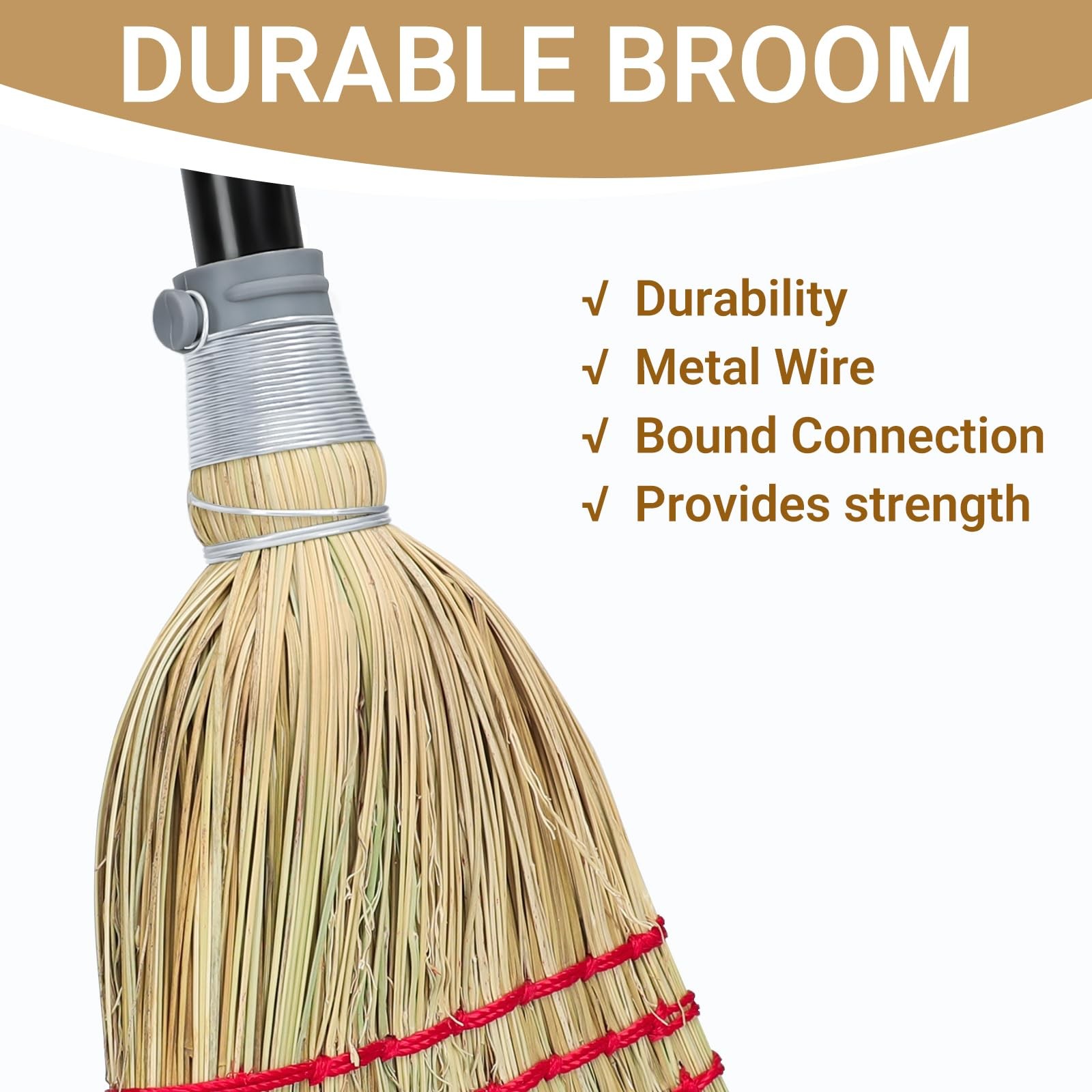 Corn Broom Outdoor, Household Indoor and 59″ total length, Black Red