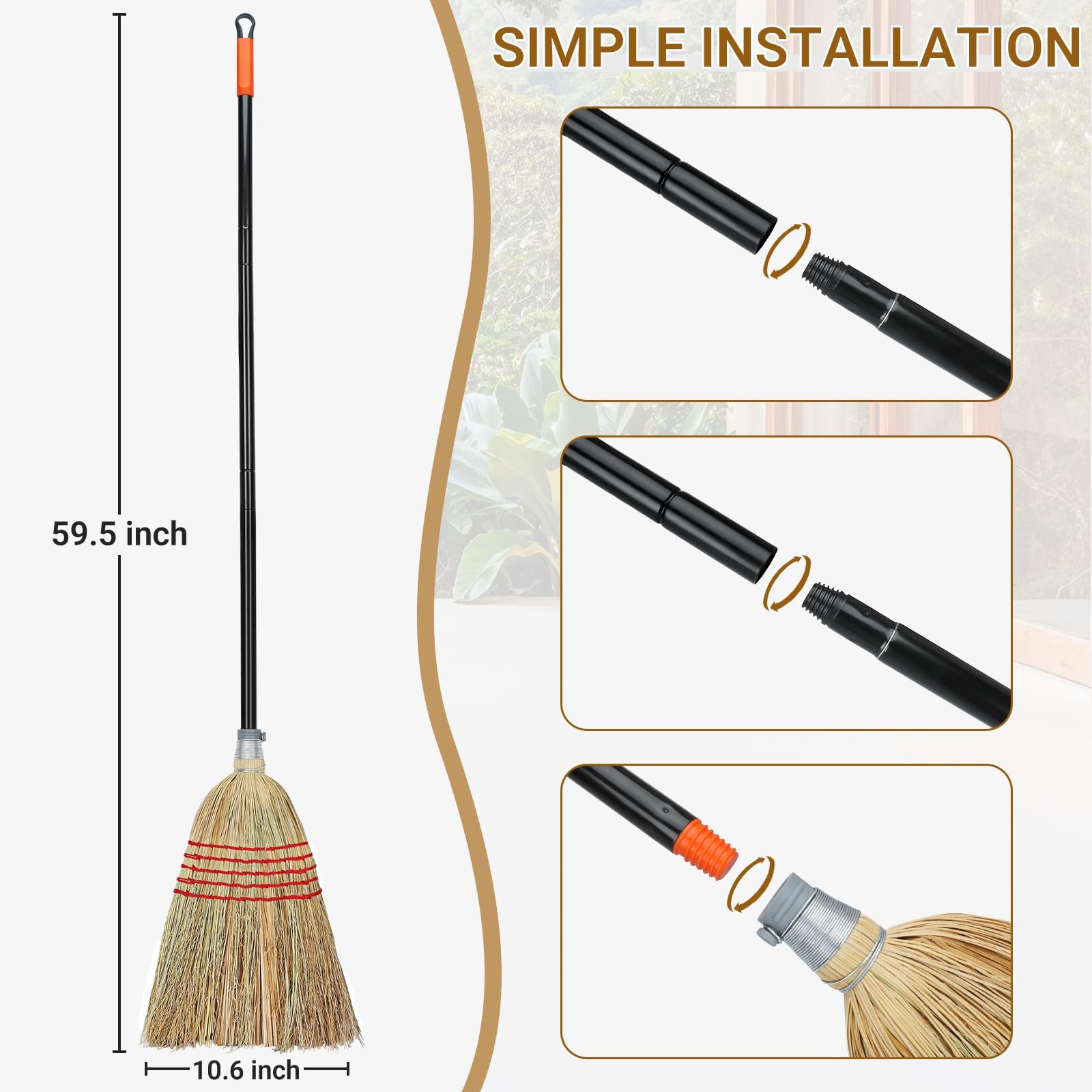 Corn Broom Outdoor, Household Indoor and 59″ total length, Black Red