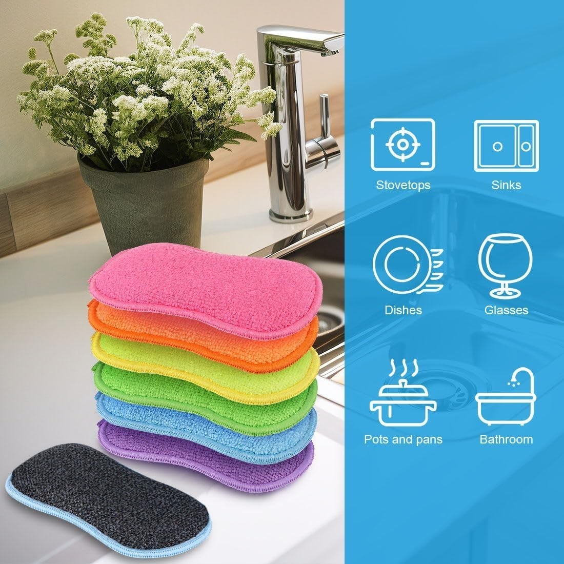 12 Pack Multi-Purpose Scrub Sponges Kitchen, Dish Sponge, Non-Scratch Microfi…