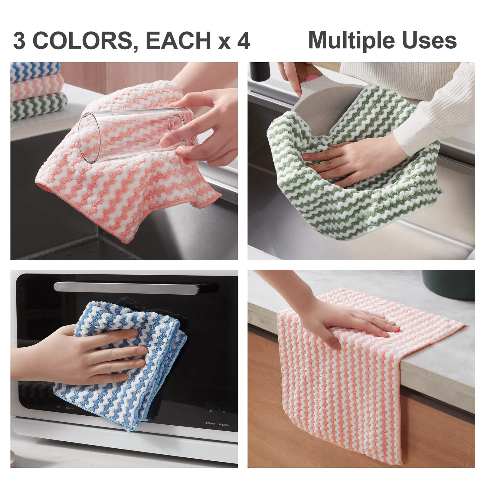 Microfiber Household Cleaning Cloths, 12 Pack, Multicolor[Pink+Blue+Green], 12 C