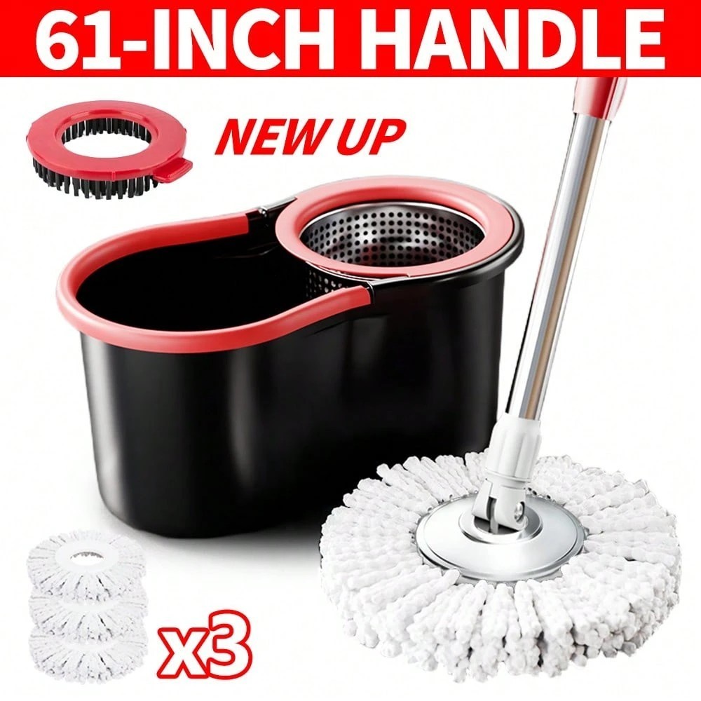 New Easy Spin Mop Bucket Set 3 Microfiber Refills 61in Long Reach Handle Sleek
