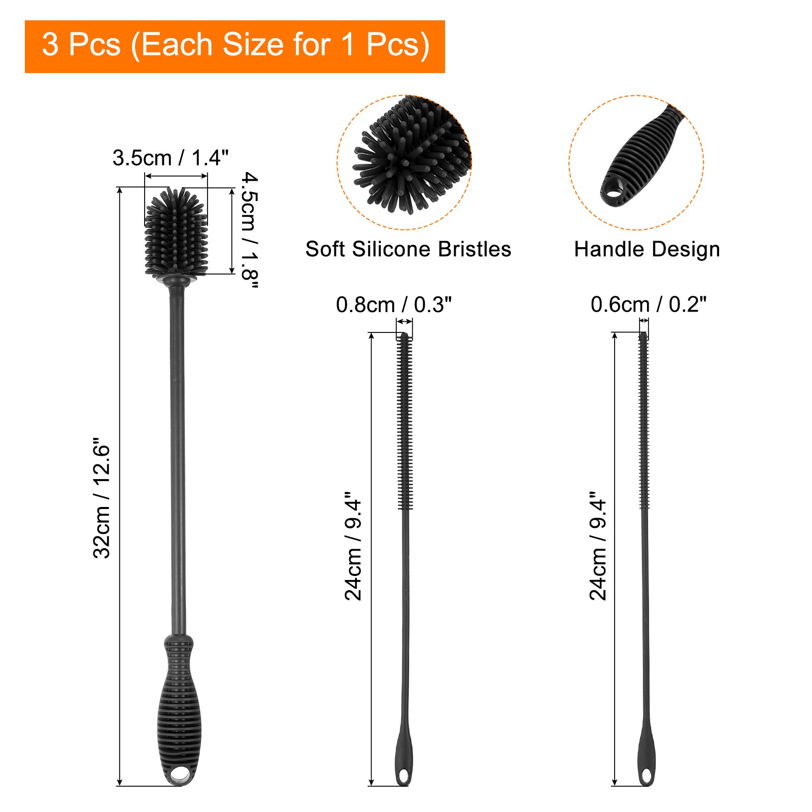 12.5″ Silicone Bottle Brush with 2 Straw Brush, Bottle Cleaner Brushes, Gray