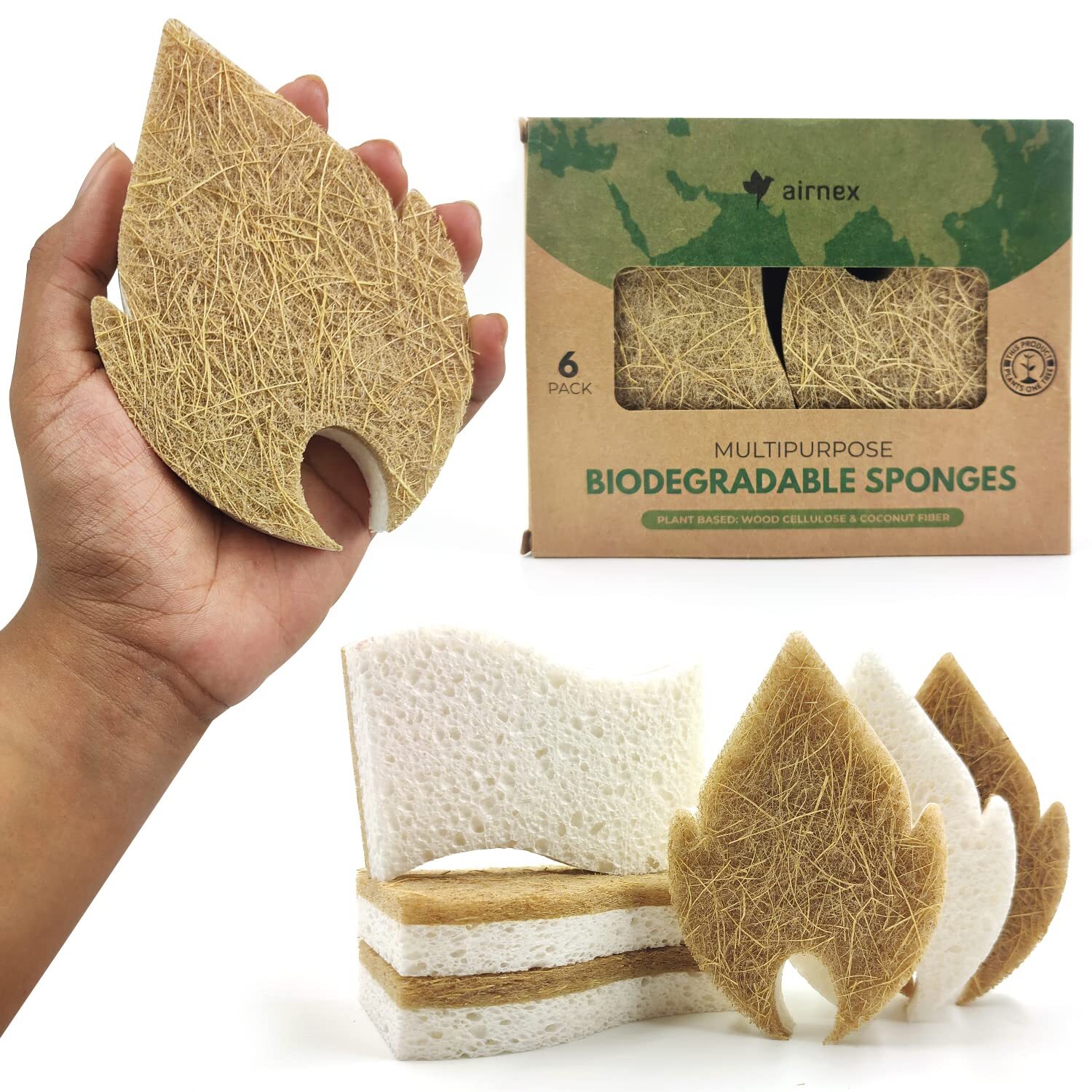 Biodegradable Natural Dish Sponges Kitchen Pack Of 6 Leaf And Sshaped Coconut An