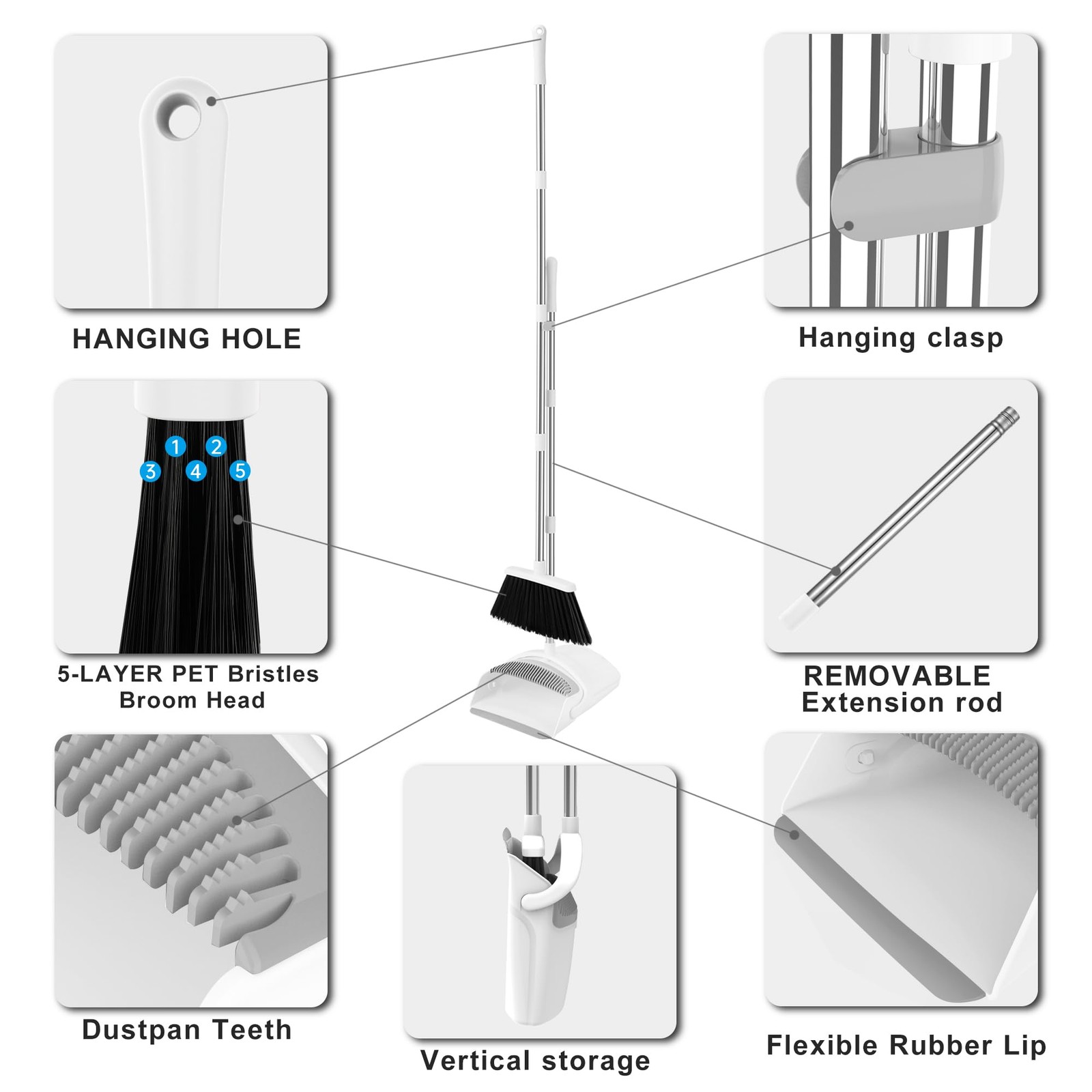 White Broom and Dustpan Set 52 Inch Adjustable Handle Home Kitchen Lobby