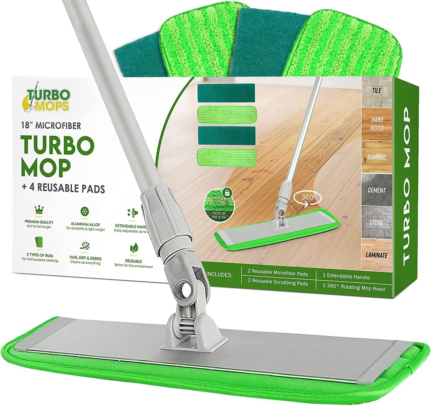Turbo Mop Microfiber Mop for Floor cleaning- Tile & Wood Floor 4 Reusable Pads