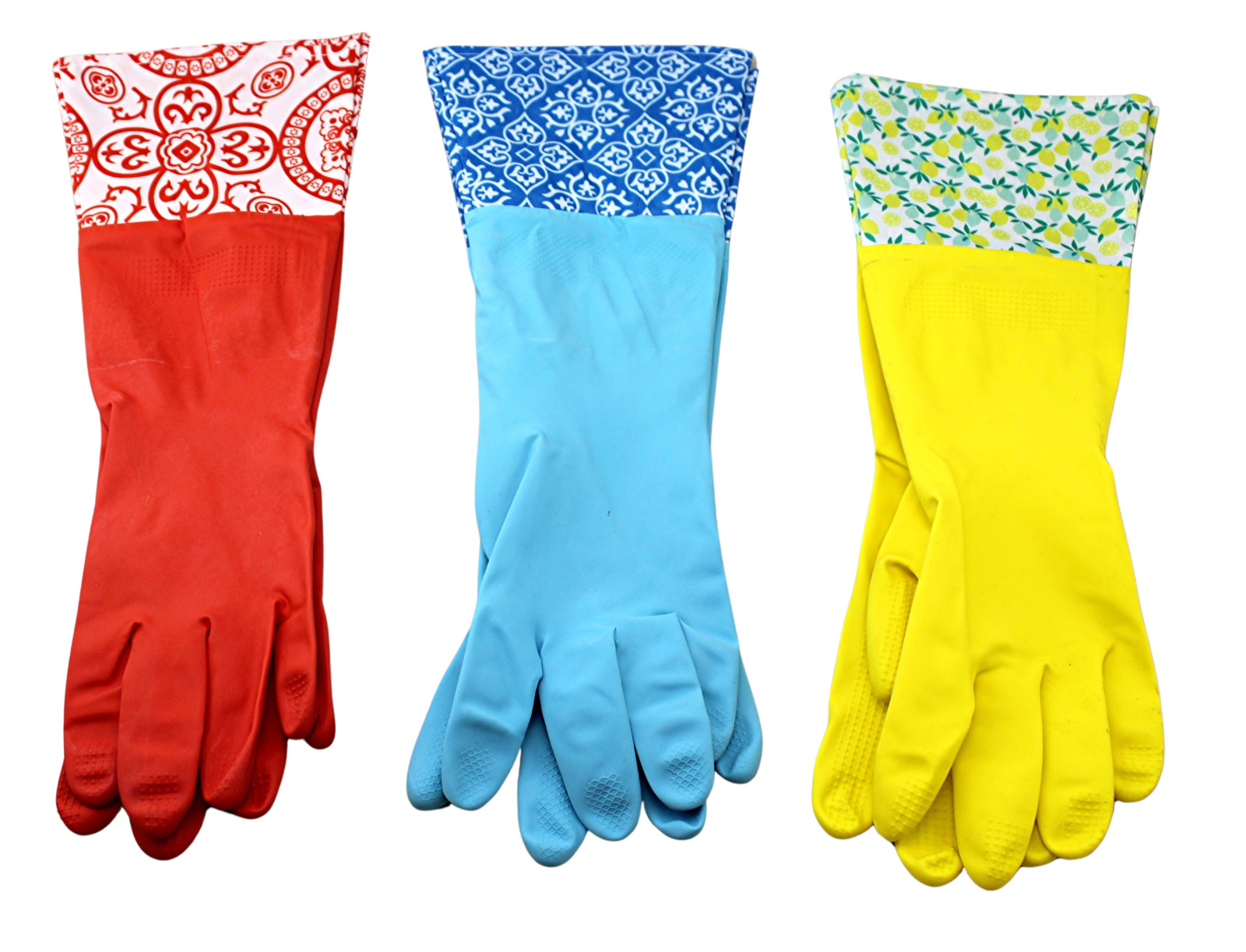 3 pair Decorative Rubber Dish Washing Gloves with Cuff Size medium Fits Most