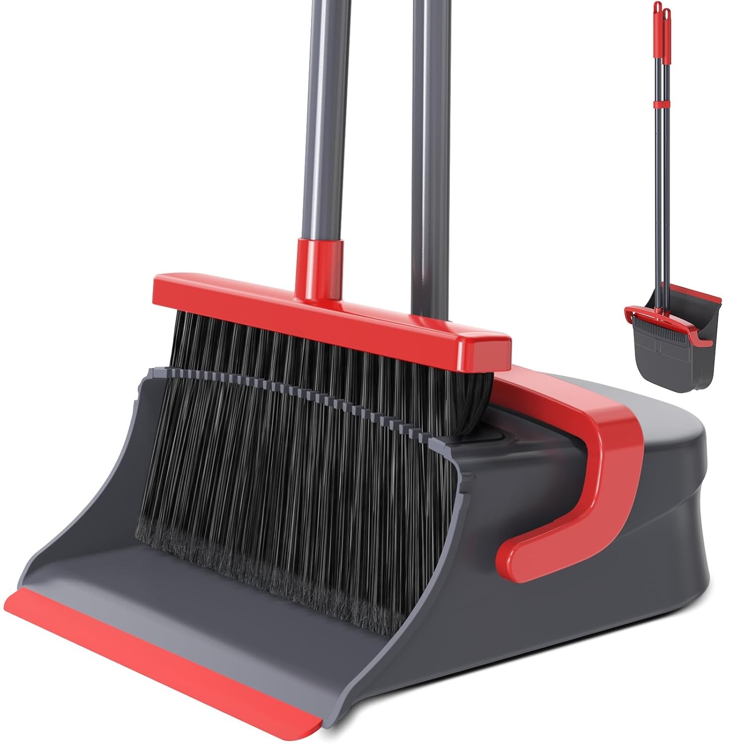 Long Handle Self Cleaning Upright Standing Broom with Dustpan Combo Set Red Gray