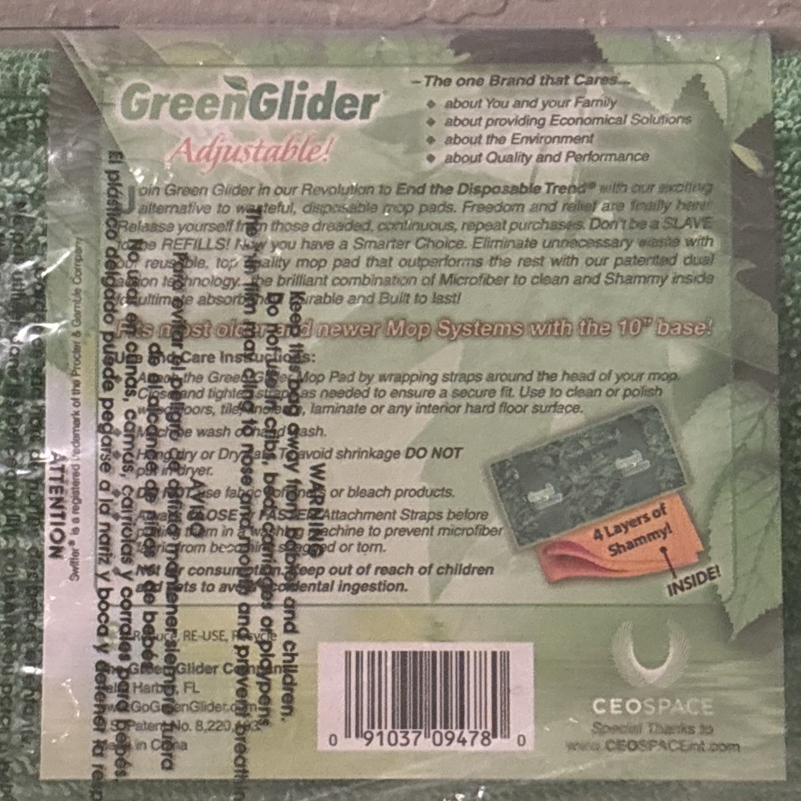 Green Glider Reusable Washable Mop Pad Most 10″ Mops NEW Hook & Loop