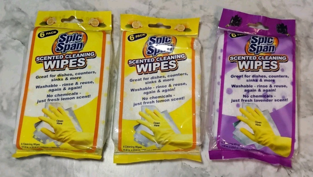 3 Spic And Span Scented Cleaning Wipes 6 Packs 2 Lemons, 1 Lavender New