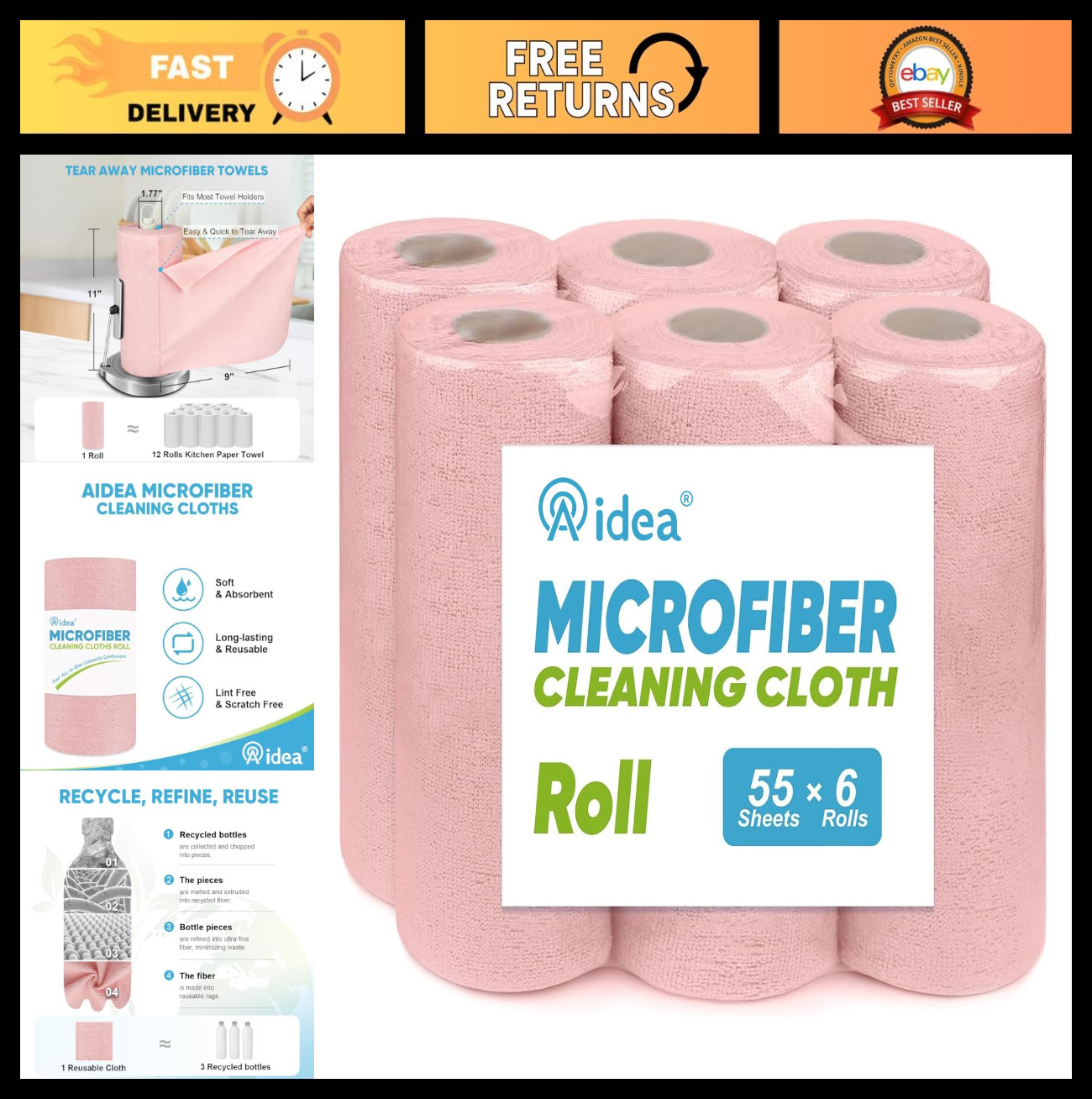 “330 Microfiber Cleaning Cloths – 6 Rolls, Washable Shop Rags for Cars & Home”