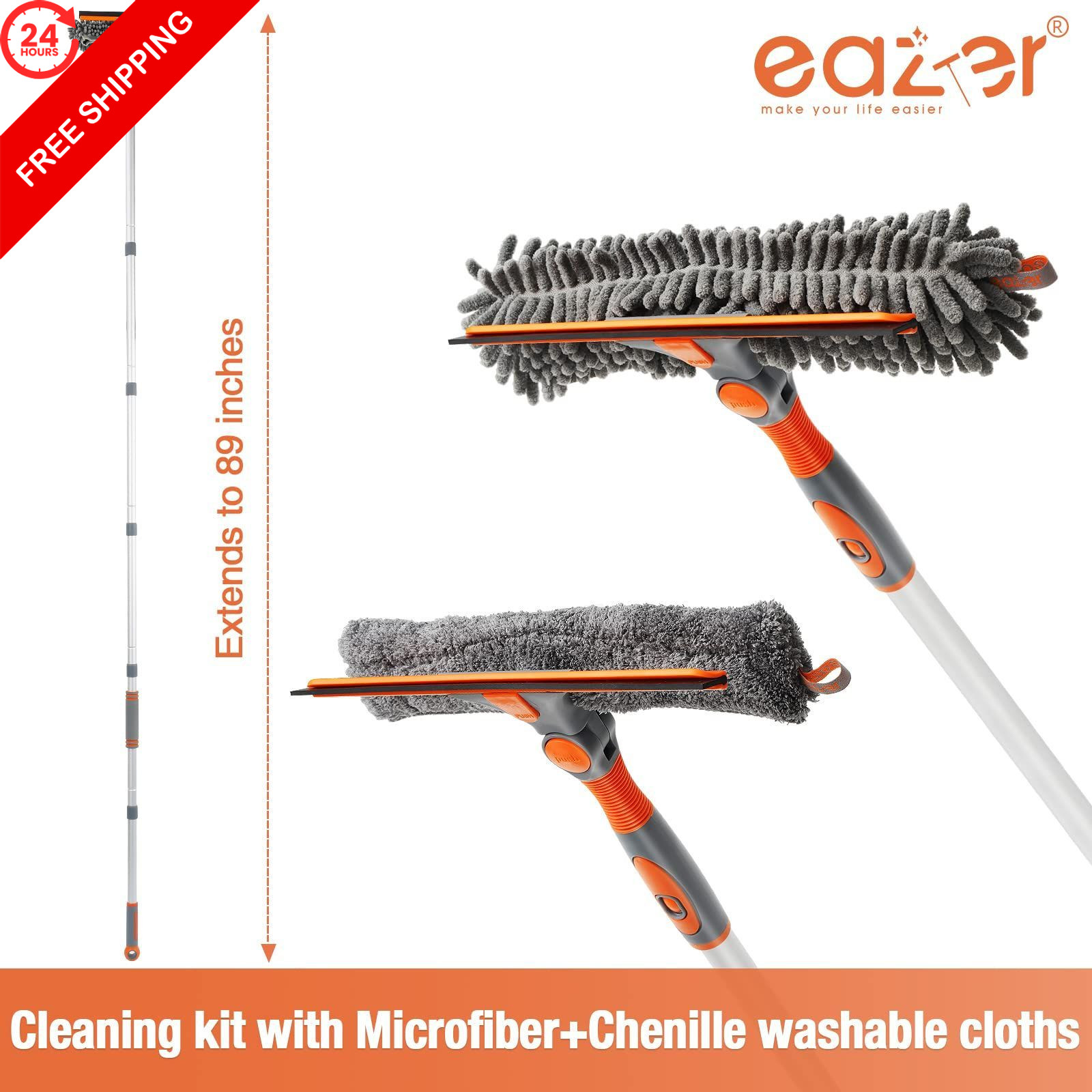 Eazer 89” Squeegee Window Cleaner 2 in 1 89inch, Orange, Gray, Silver