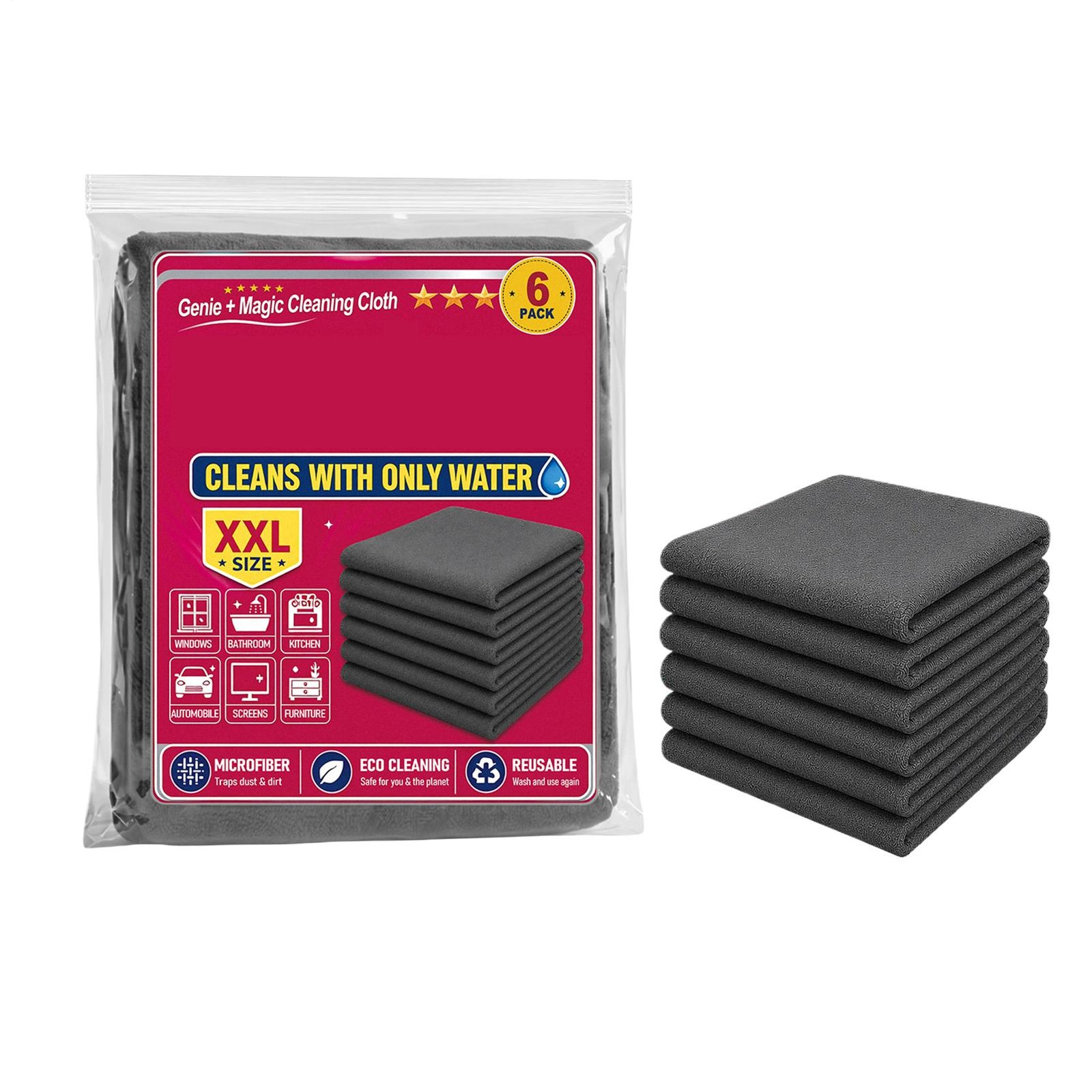 Genie Magic Cleaning Cloth 6-Pack, Microfiber Cleaning Cloths 16×12 Inch